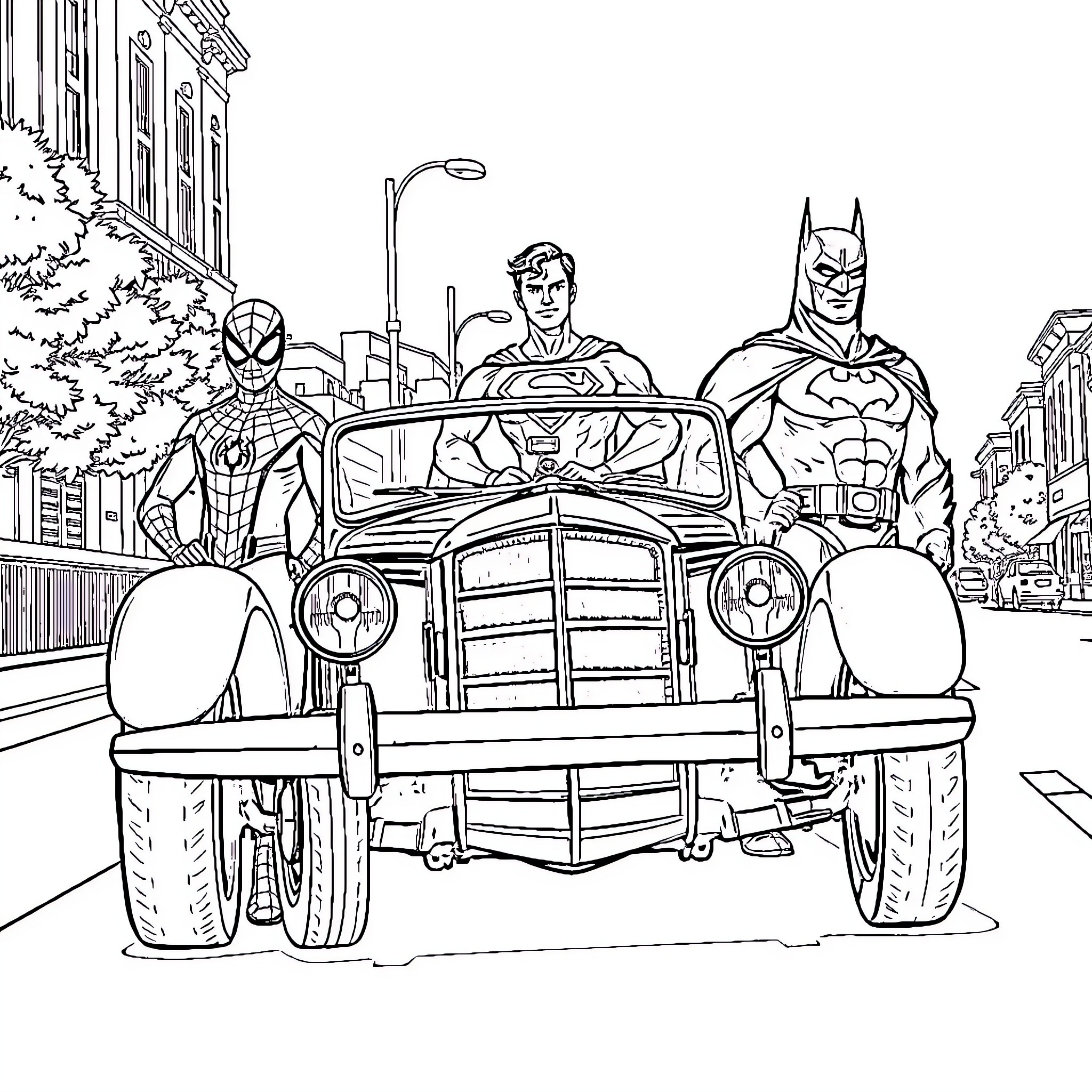 Superhero Trio Riding in Vintage Convertible Coloring Page (free black-and-white line drawing printable PDF for all, from beginners to advanced learners, including children, teens, adults, and seniors)