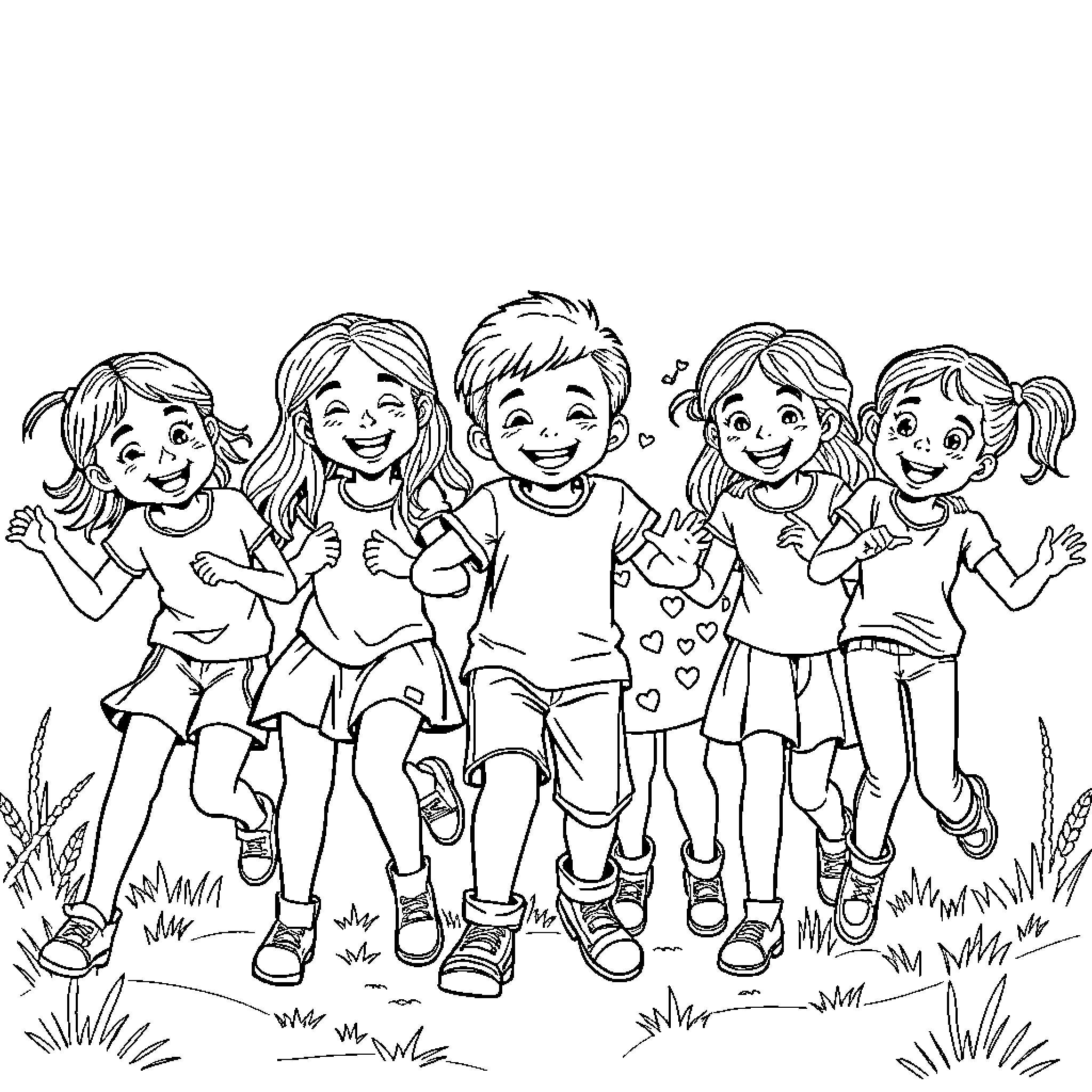 Child group playing together happily outdoors Coloring Page (free black-and-white line drawing printable PDF for all, from beginners to advanced learners, including children, teens, adults, and seniors)