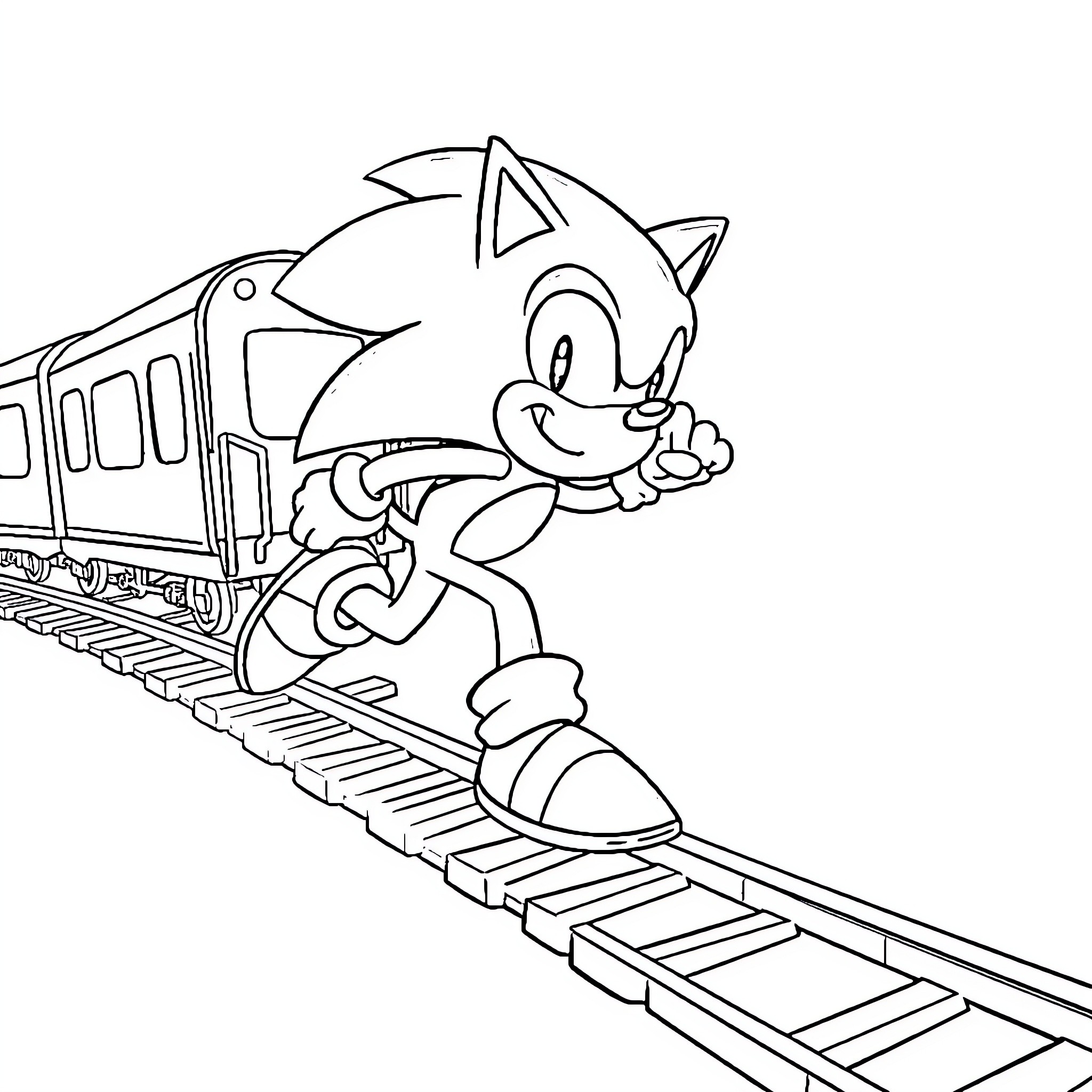 Sonic running on a railway track Coloring Page (free black-and-white line drawing printable PDF for all, from beginners to advanced learners, including children, teens, adults, and seniors)