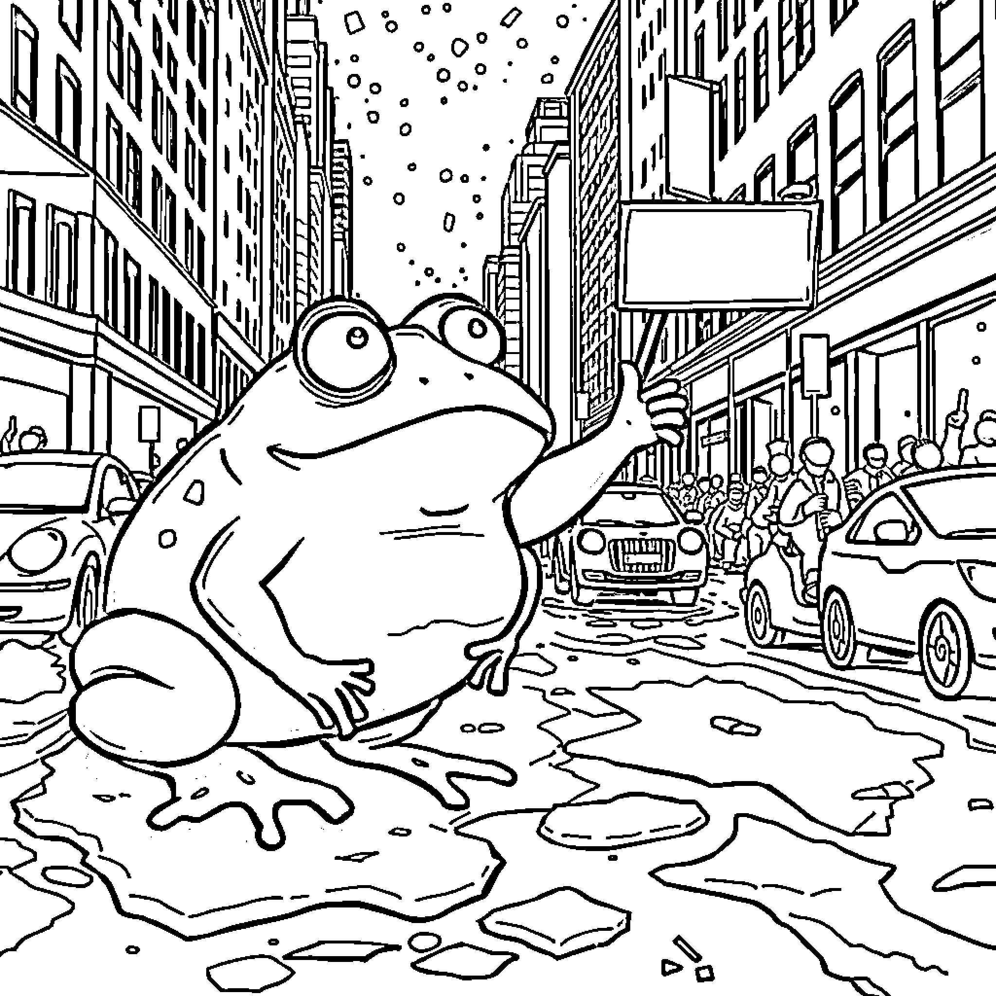 Frog exploring the bustling city street Coloring Page (free black-and-white line drawing printable PDF for all, from beginners to advanced learners, including children, teens, adults, and seniors)