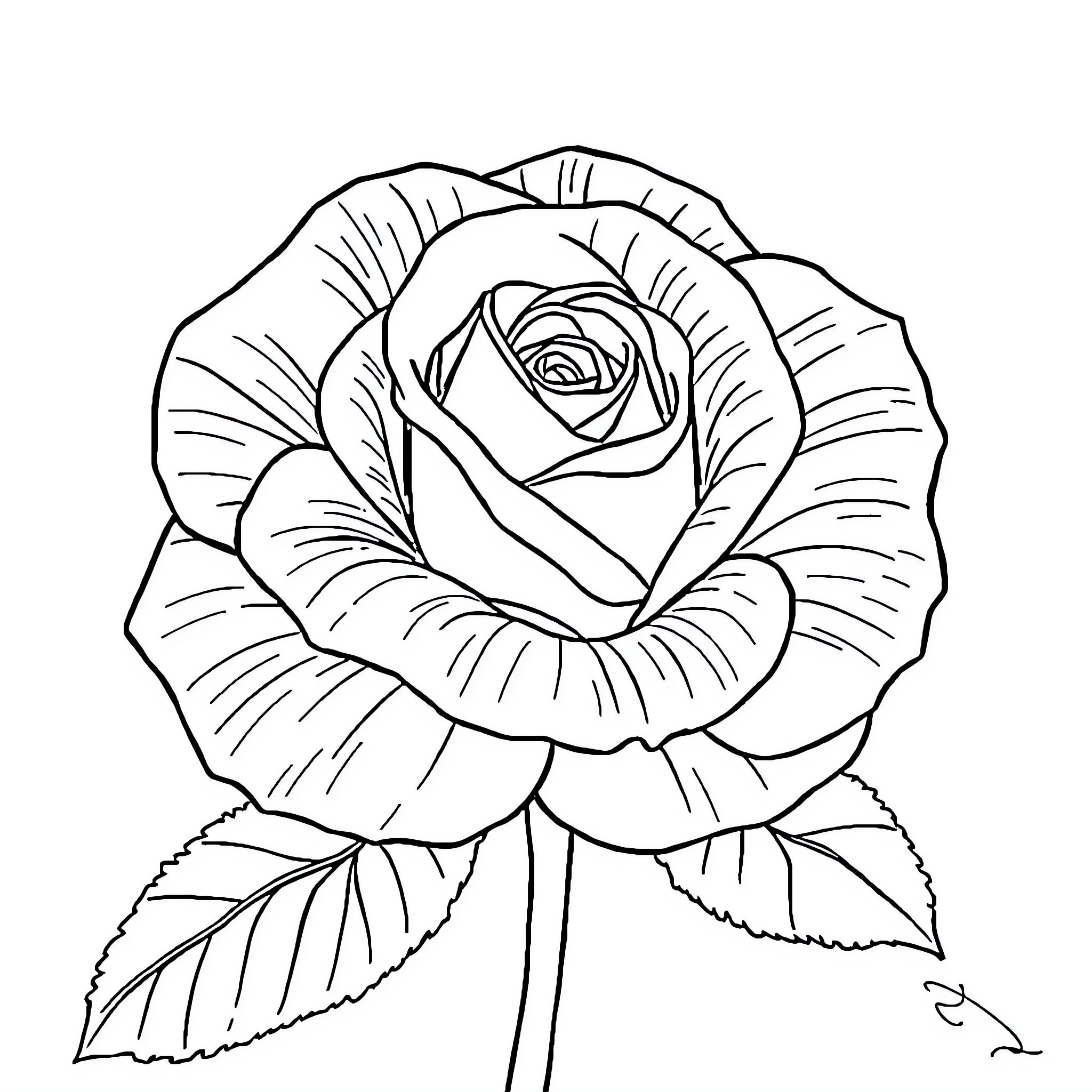 Rose in Full Bloom Coloring Page (free black-and-white line drawing printable PDF for all, from beginners to advanced learners, including children, teens, adults, and seniors)