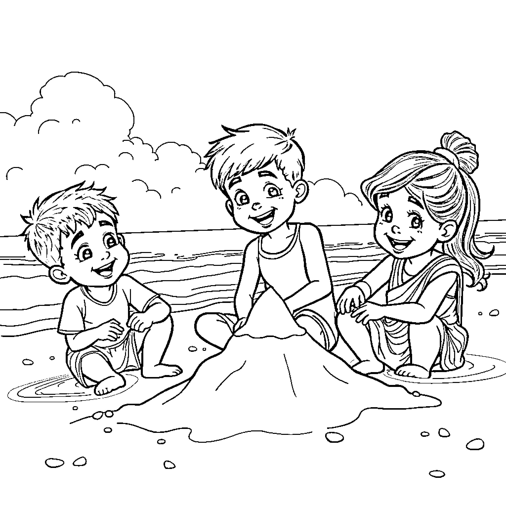 Brother and sisters building sandcastles at the beach Coloring Page (free black-and-white line drawing printable PDF for all, from beginners to advanced learners, including children, teens, adults, and seniors)