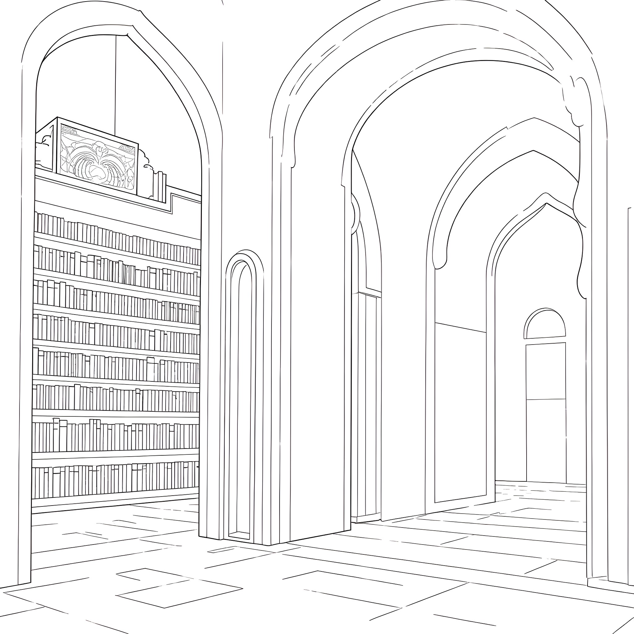 House of Wisdom - Arched Bookshelves in a Vast Hall Coloring Page (free black-and-white line drawing printable PDF for all, from beginners to advanced learners, including children, teens, adults, and seniors)