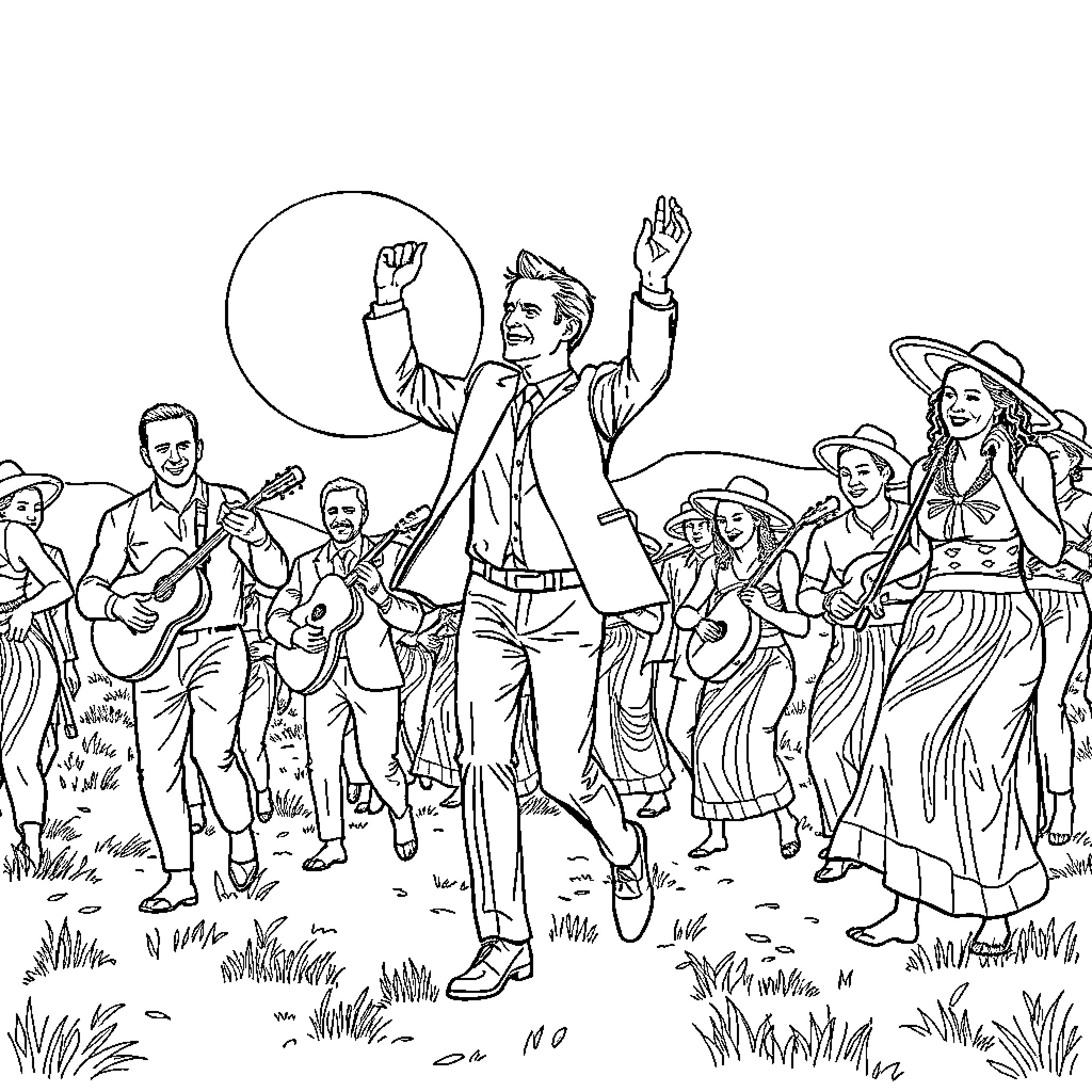 Macron leading a lively musical performance with group Coloring Page (free black-and-white line drawing printable PDF for all, from beginners to advanced learners, including children, teens, adults, and seniors)