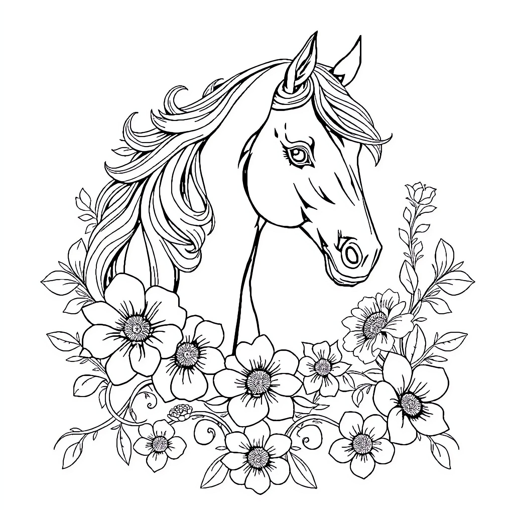 Horse with floral wreath in a garden Coloring Page (free black-and-white line drawing printable PDF for all, from beginners to advanced learners, including children, teens, adults, and seniors)