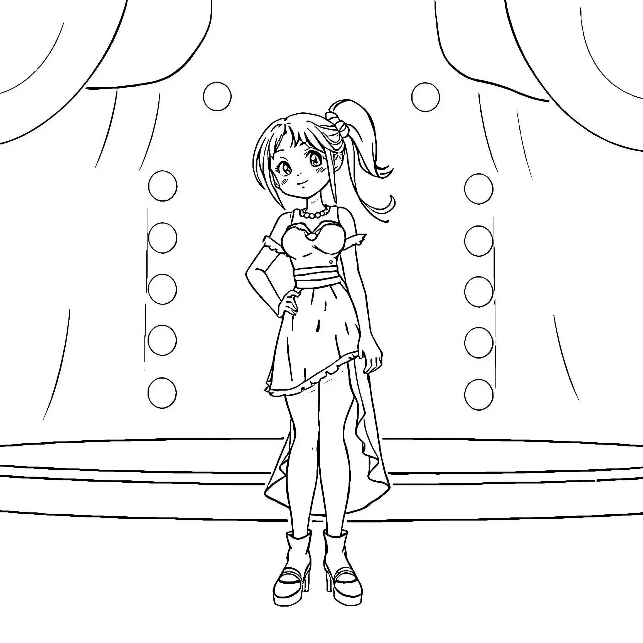 Yuna standing confidently on stage in costume Coloring Page (free black-and-white line drawing printable PDF for all, from beginners to advanced learners, including children, teens, adults, and seniors)
