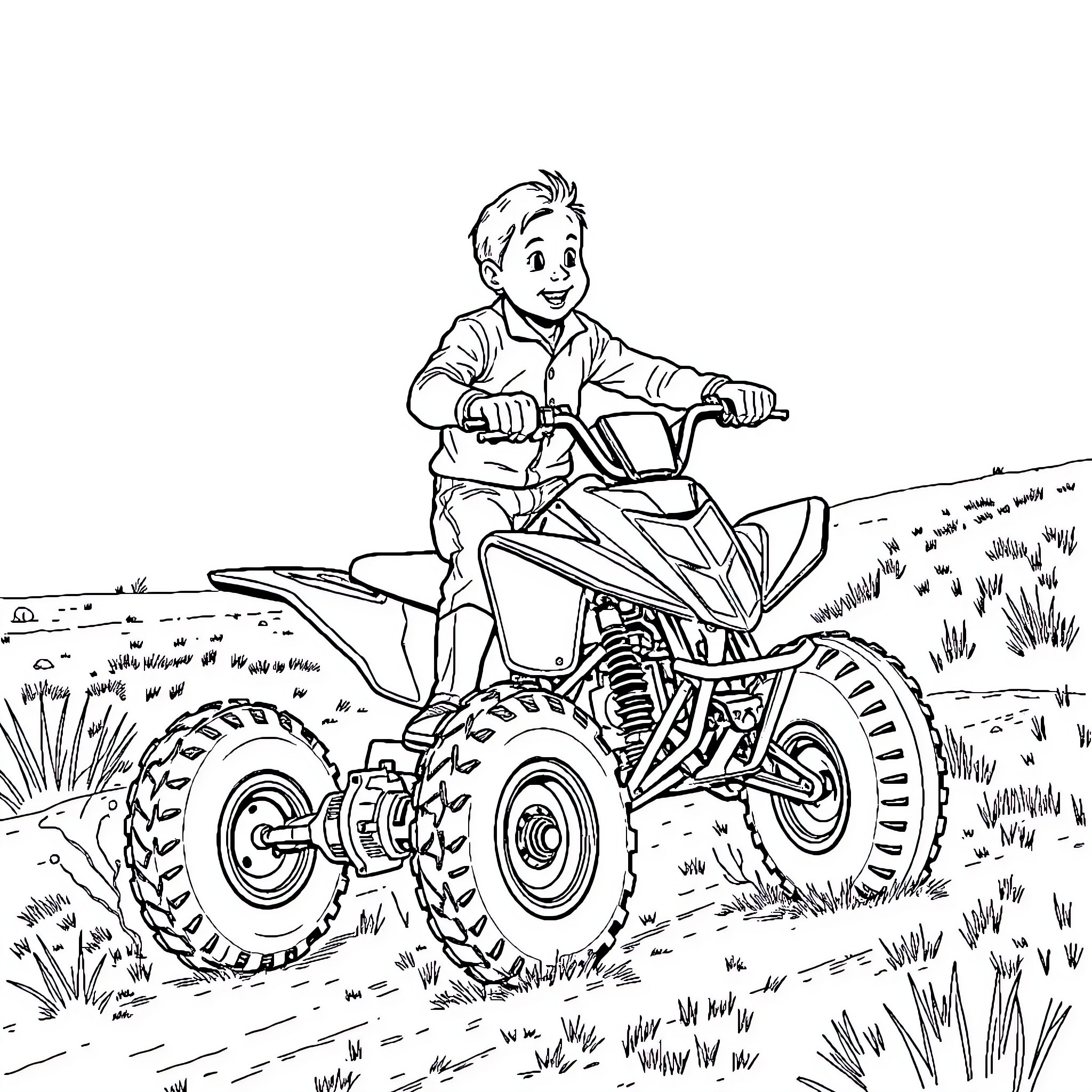 Tintin riding an all-terrain vehicle through the countryside Coloring Page (free black-and-white line drawing printable PDF for all, from beginners to advanced learners, including children, teens, adults, and seniors)