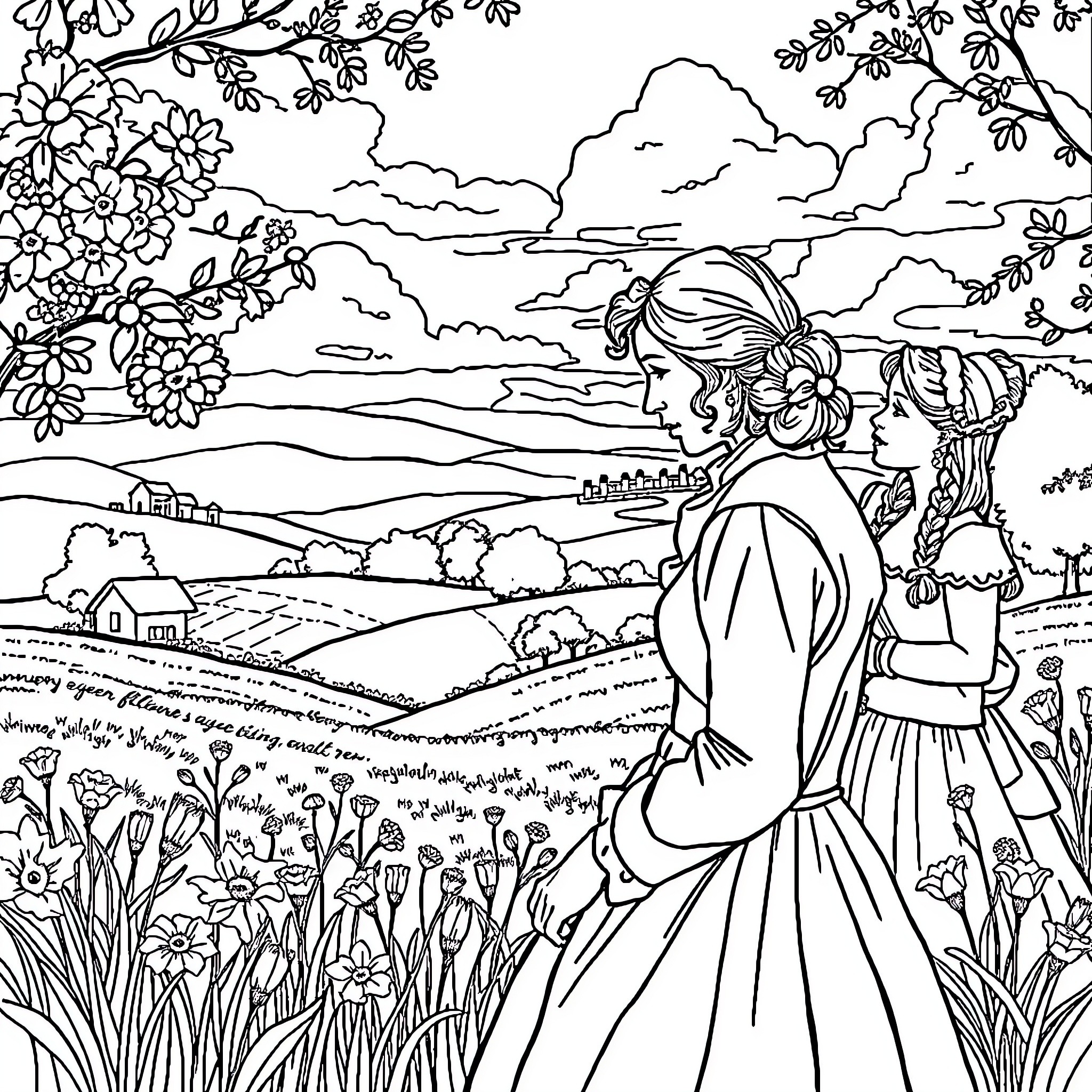 Pride and Prejudice: Romantic Stroll Through the Countryside Coloring Page (free black-and-white line drawing printable PDF for all, from beginners to advanced learners, including children, teens, adults, and seniors)