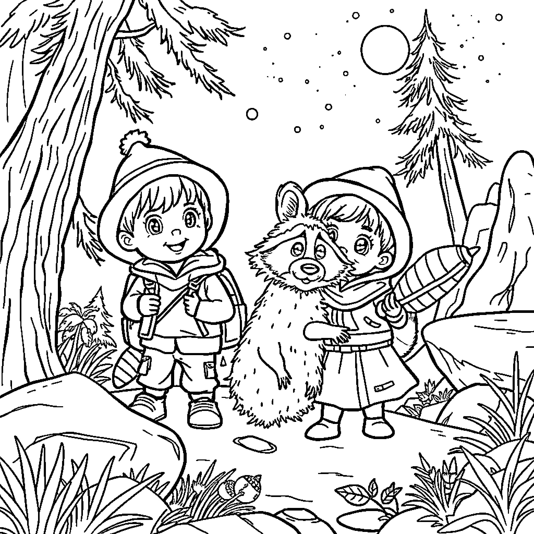 Tuttle Twins explore the snowy forest Coloring Page (free black-and-white line drawing printable PDF for all, from beginners to advanced learners, including children, teens, adults, and seniors)