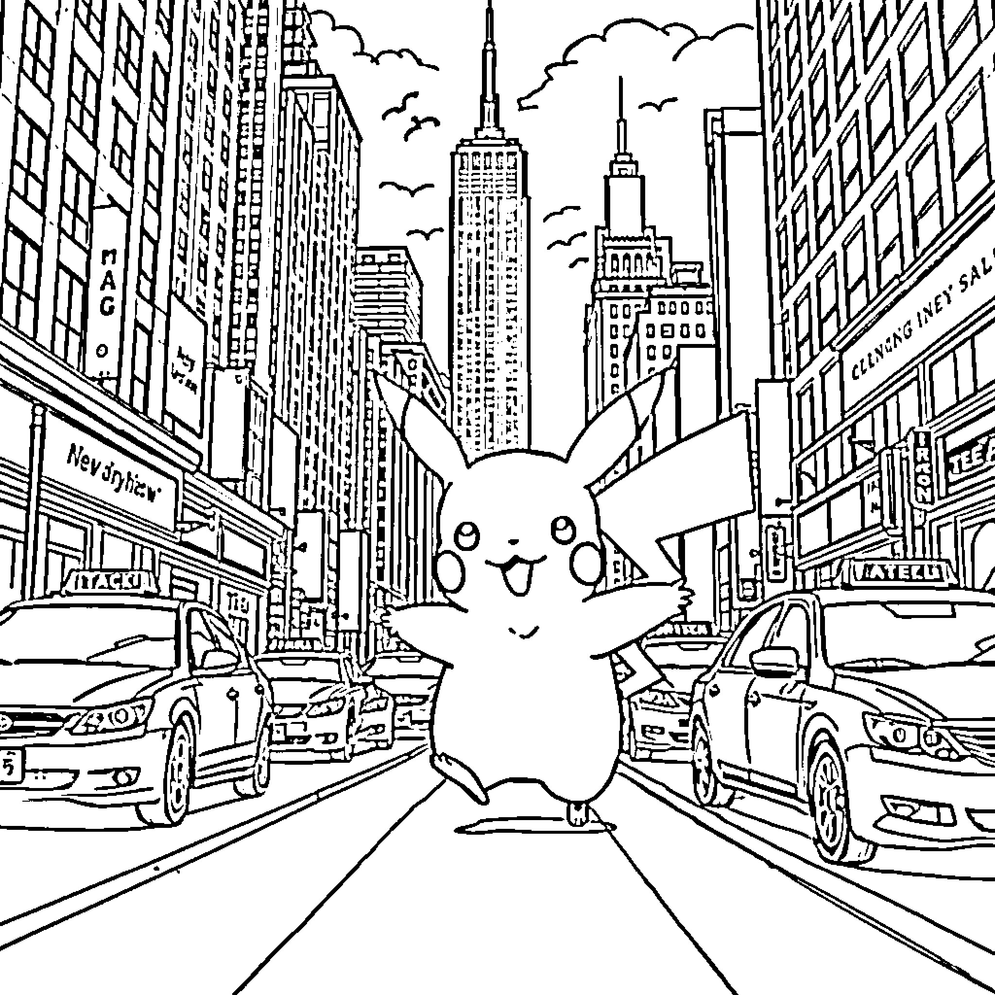 Pikachu exploring the vibrant city streets Coloring Page (free black-and-white line drawing printable PDF for all, from beginners to advanced learners, including children, teens, adults, and seniors)