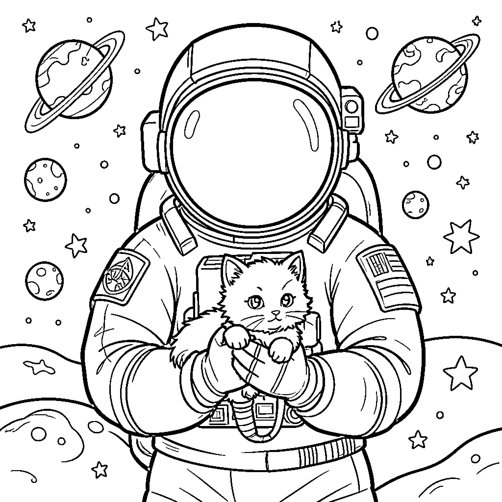Astronaut exploring space with a cute cat companion Coloring Page (free black-and-white line drawing printable PDF for all, from beginners to advanced learners, including children, teens, adults, and seniors)