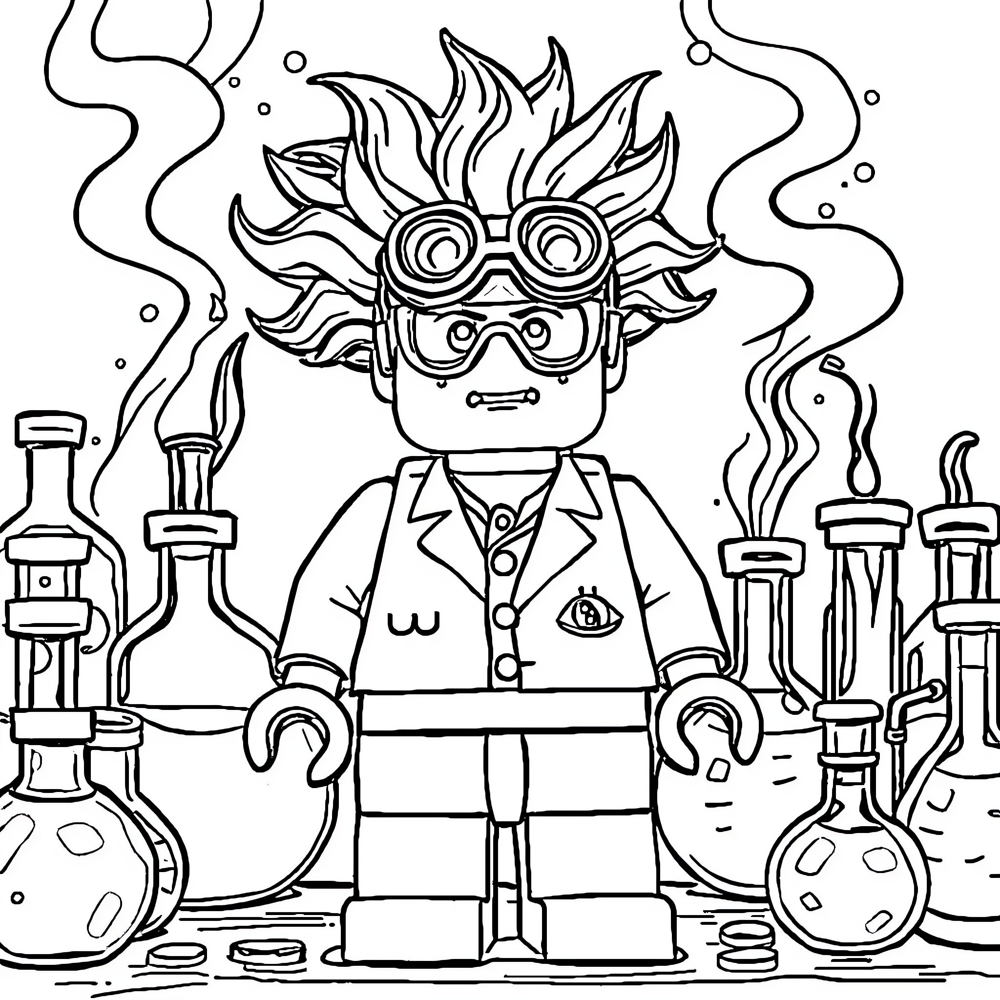 Lego Man Conducting Science Experiments in Laboratory Coloring Page (free black-and-white line drawing printable PDF for all, from beginners to advanced learners, including children, teens, adults, and seniors)