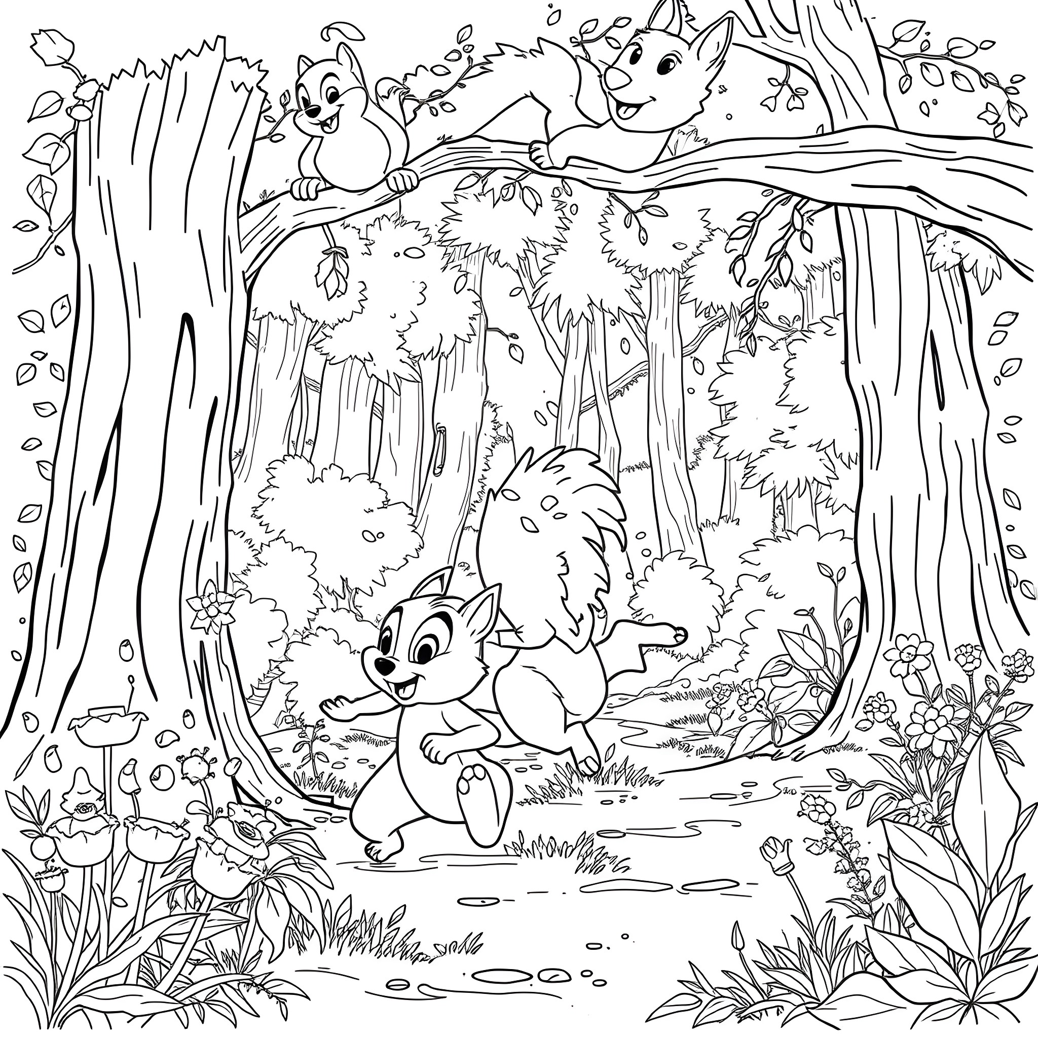 Chip's Playful Adventure in the Enchanted Forest Coloring Page (free black-and-white line drawing printable PDF for all, from beginners to advanced learners, including children, teens, adults, and seniors)
