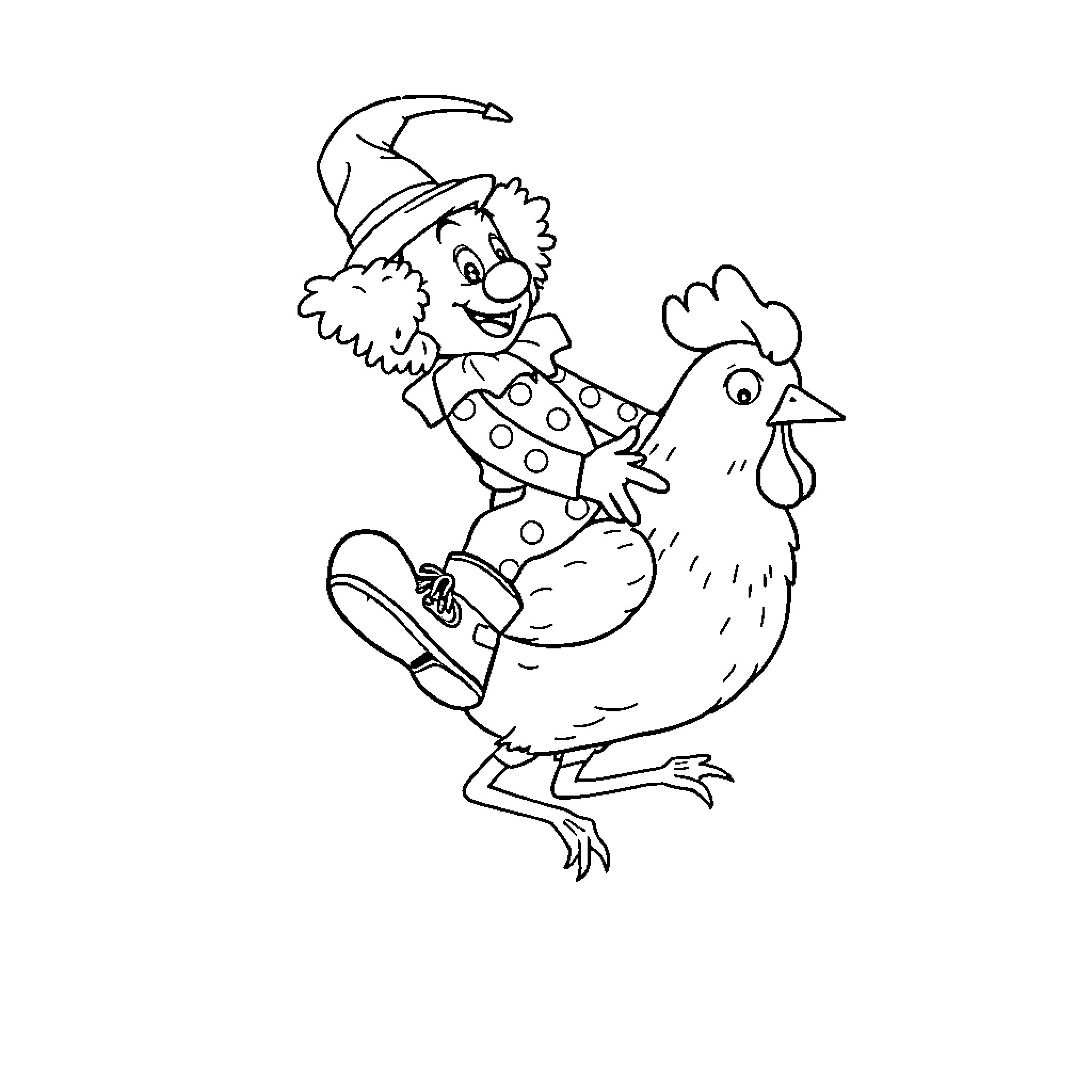 Clown entertaining a happy chicken Coloring Page (free black-and-white line drawing printable PDF for all, from beginners to advanced learners, including children, teens, adults, and seniors)