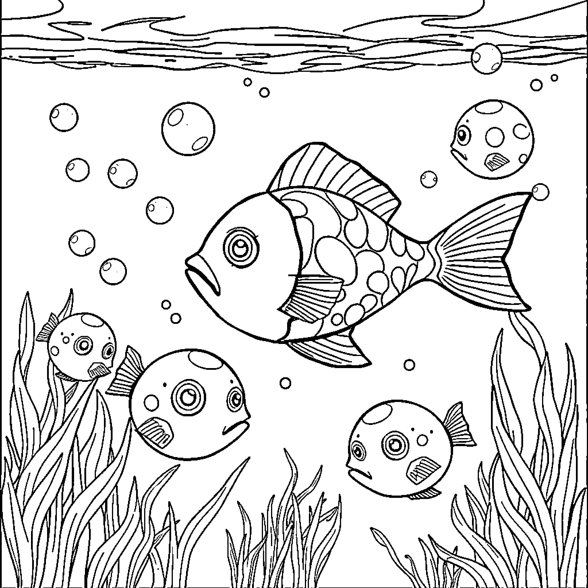 Fish playing in the underwater scene Coloring Page (free black-and-white line drawing printable PDF for all, from beginners to advanced learners, including children, teens, adults, and seniors)