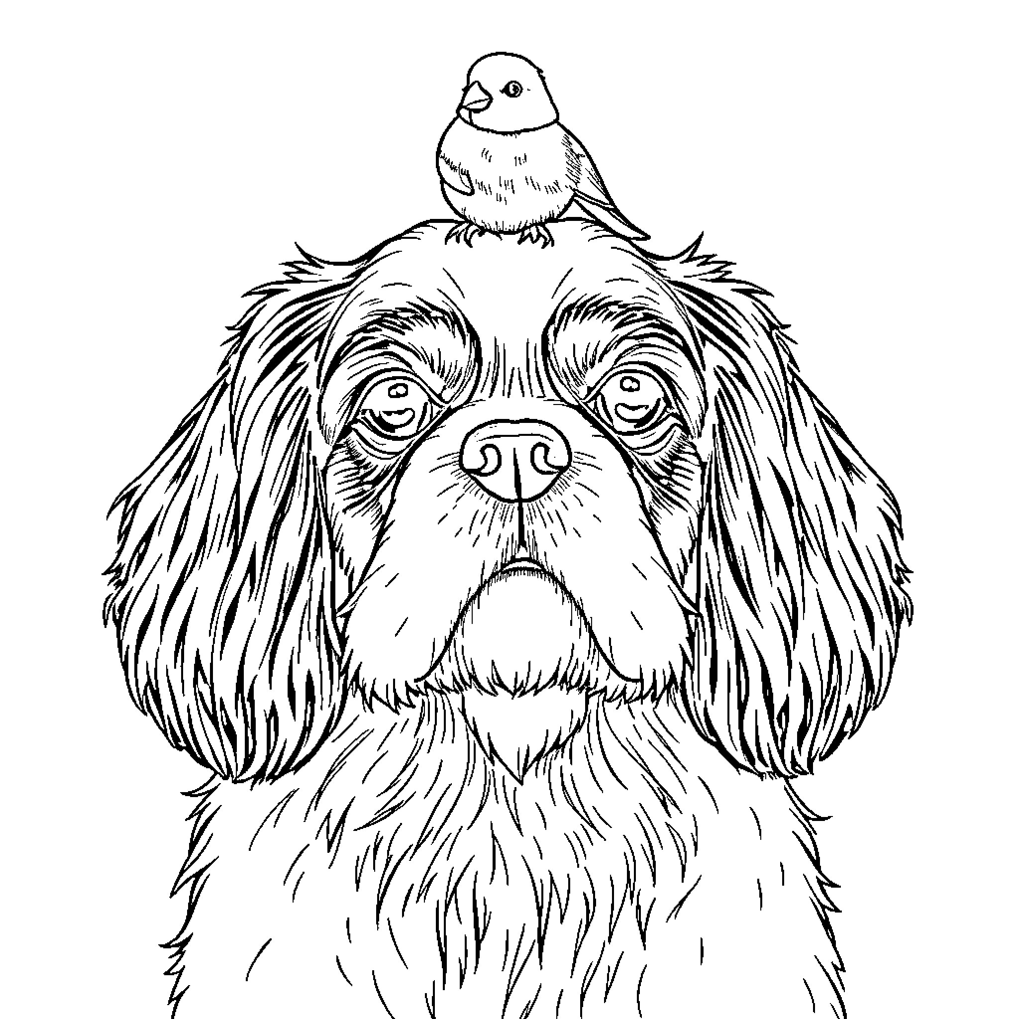 Cavalier King Charles Spaniel with a curious bird on its head Coloring Page (free black-and-white line drawing printable PDF for all, from beginners to advanced learners, including children, teens, adults, and seniors)
