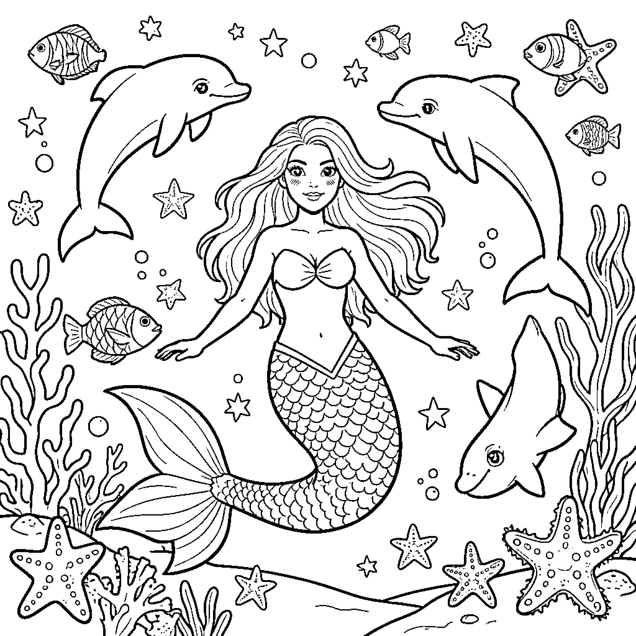 Mermaid playing with dolphins in the sea Coloring Page (free black-and-white line drawing printable PDF for all, from beginners to advanced learners, including children, teens, adults, and seniors)