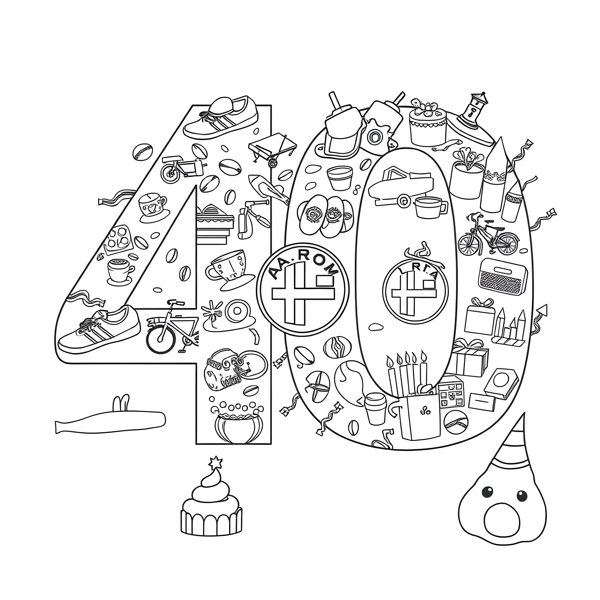 Number of Various Everyday Objects and Icons Coloring Page (free black-and-white line drawing printable PDF for all, from beginners to advanced learners, including children, teens, adults, and seniors)