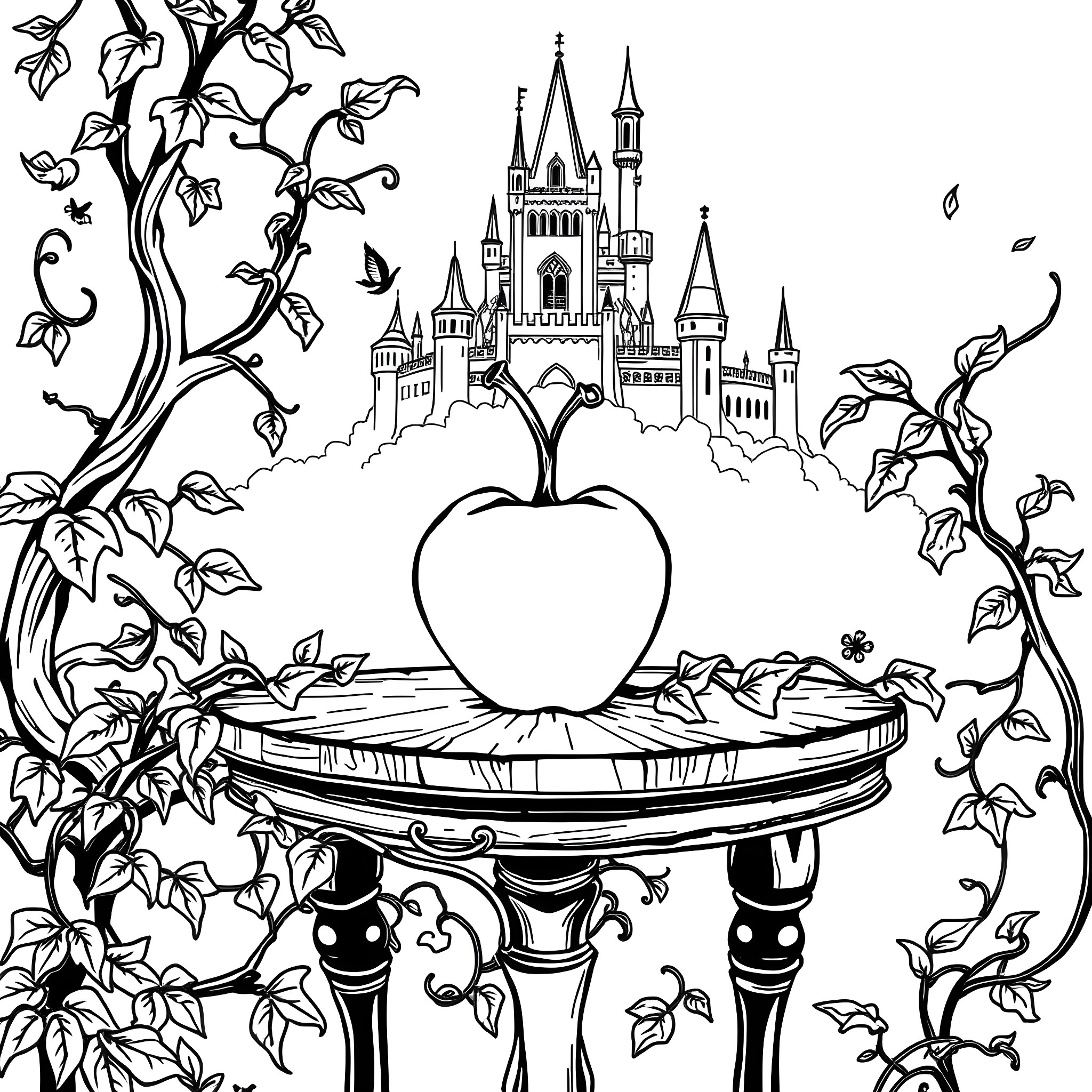 Poison Apple with Enchanted Castle Backdrop Coloring Page (free black-and-white line drawing printable PDF for all, from beginners to advanced learners, including children, teens, adults, and seniors)