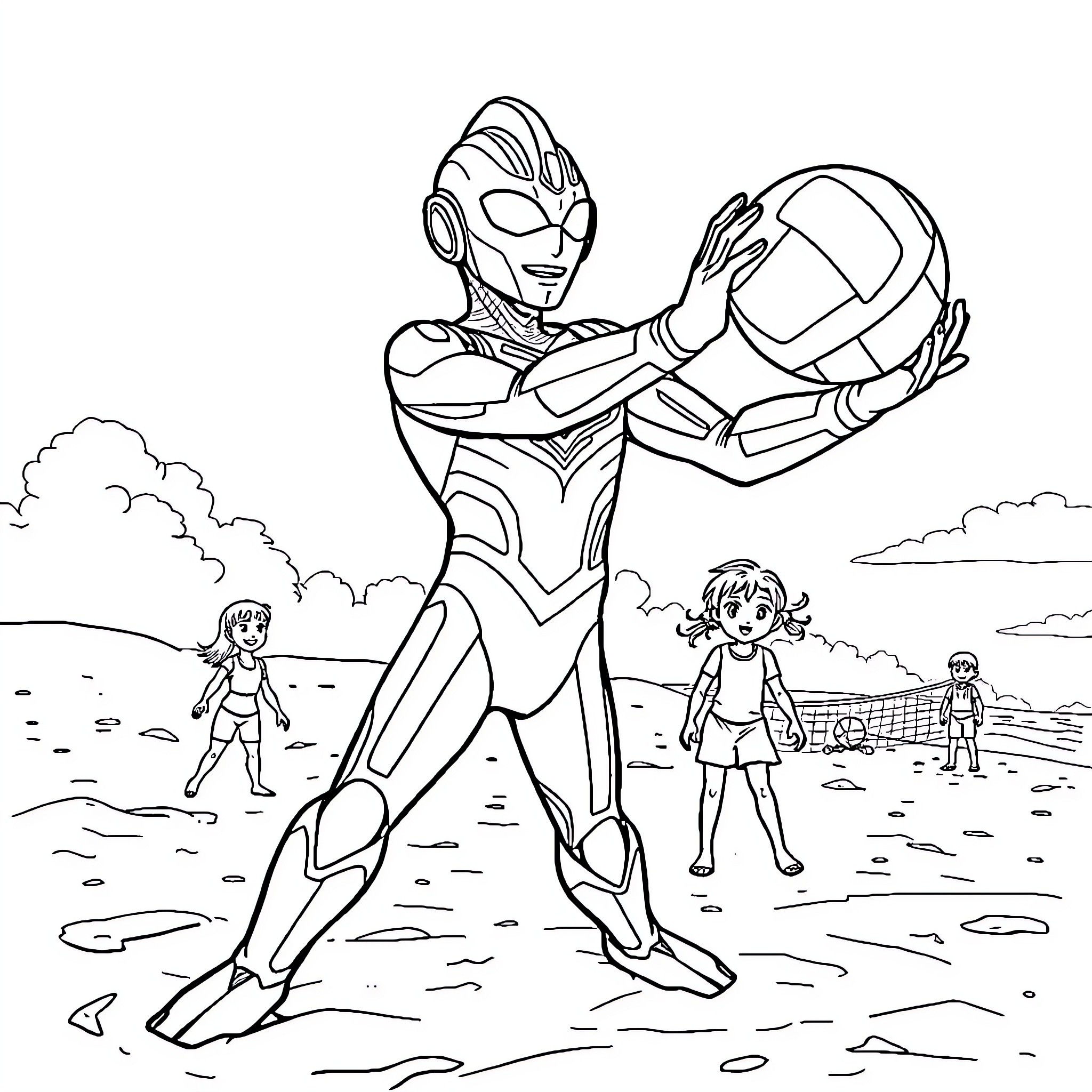 Ultraman heroically poses with children on the beach Coloring Page (free black-and-white line drawing printable PDF for all, from beginners to advanced learners, including children, teens, adults, and seniors)