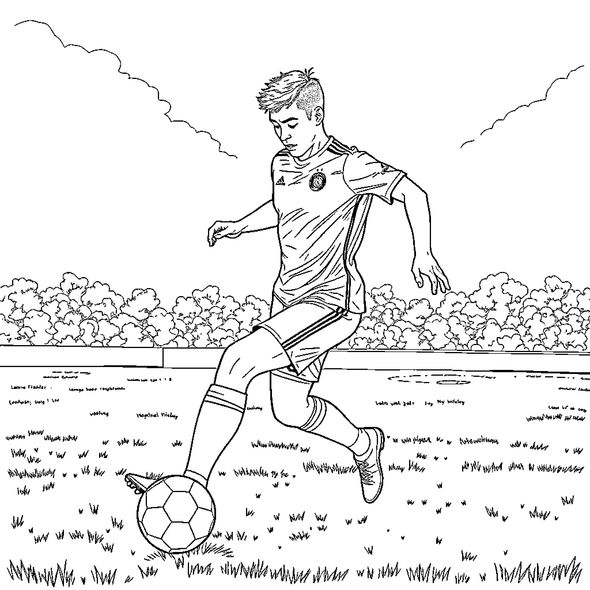 Lamine Yamal playing soccer in the park Coloring Page (free black-and-white line drawing printable PDF for all, from beginners to advanced learners, including children, teens, adults, and seniors)
