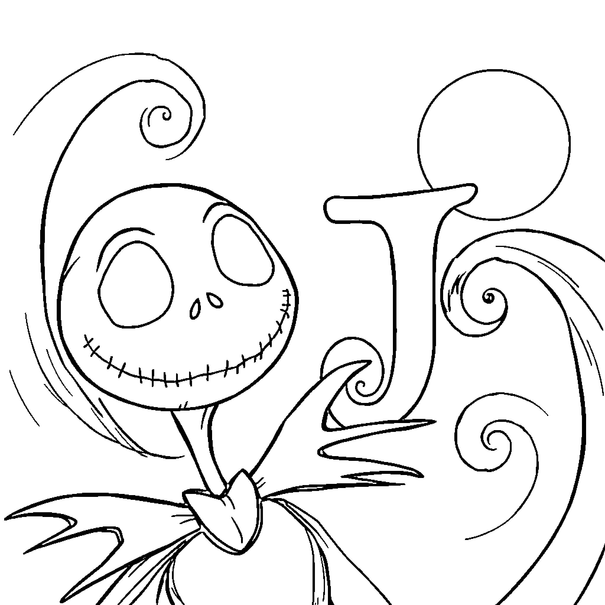 Jack Skellington in whimsical pose Coloring Page (free black-and-white line drawing printable PDF for all, from beginners to advanced learners, including children, teens, adults, and seniors)