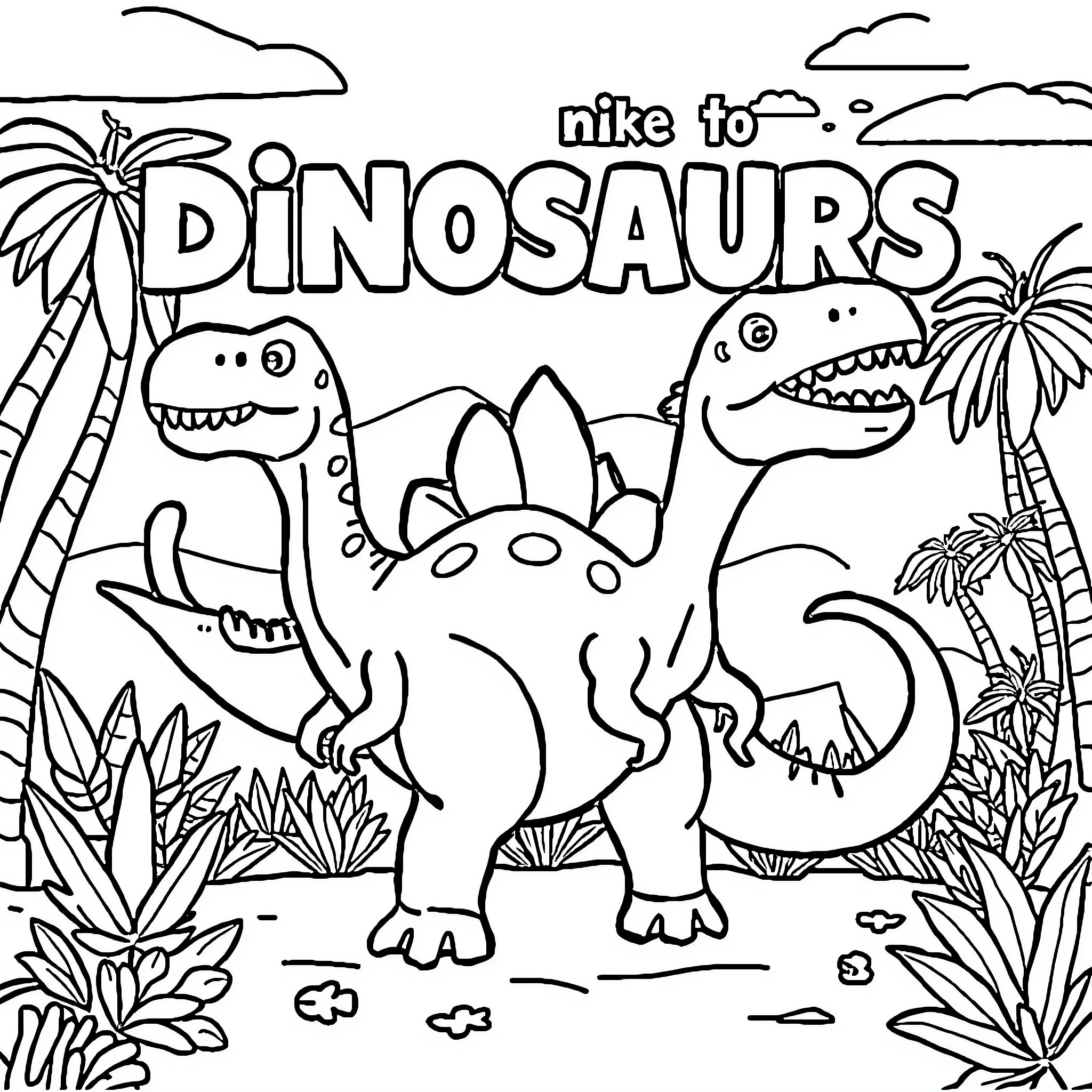 Dinosaurs hiking through the jungle Coloring Page (free black-and-white line drawing printable PDF for all, from beginners to advanced learners, including children, teens, adults, and seniors)
