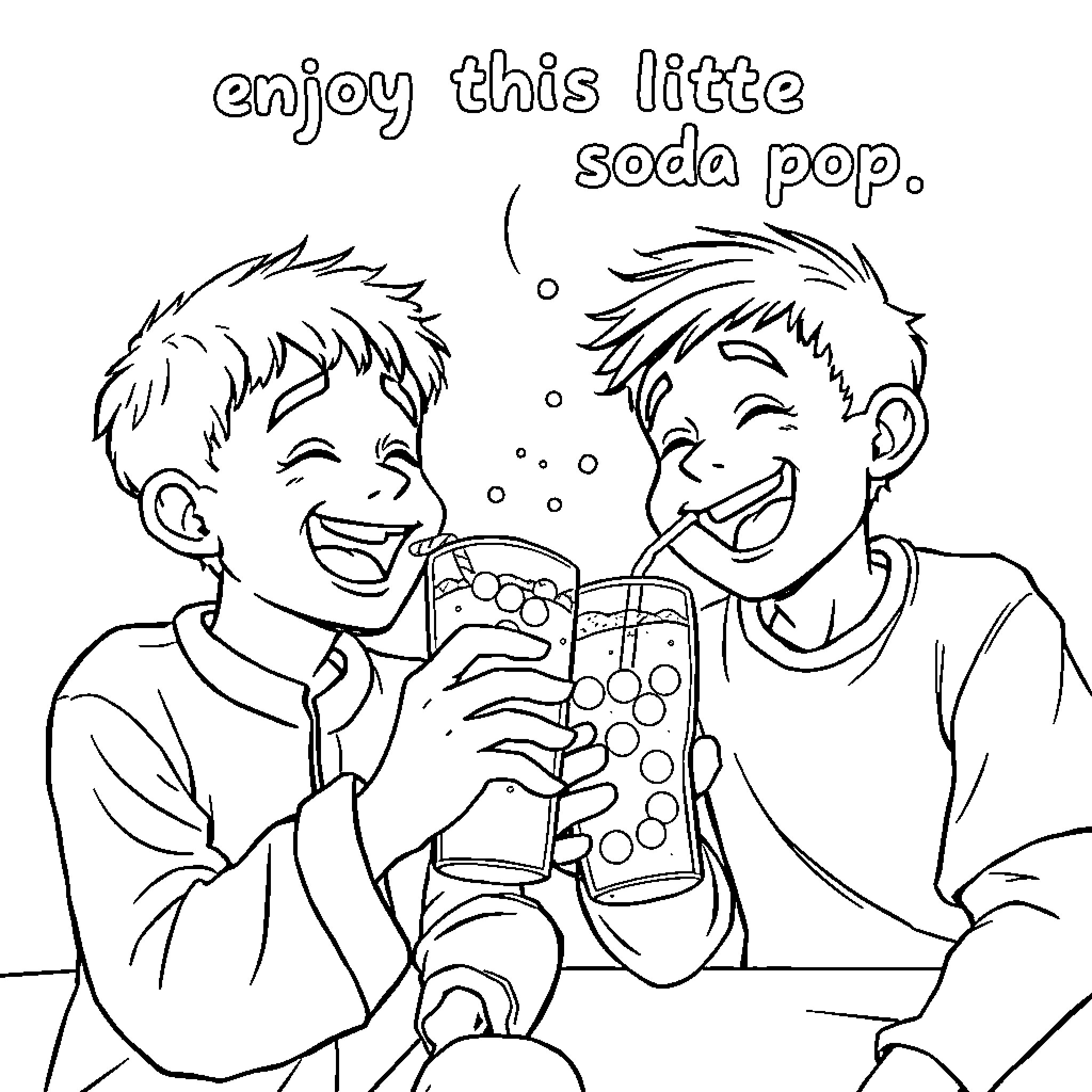 Boys enjoying a refreshing soda pop Coloring Page (free black-and-white line drawing printable PDF for all, from beginners to advanced learners, including children, teens, adults, and seniors)