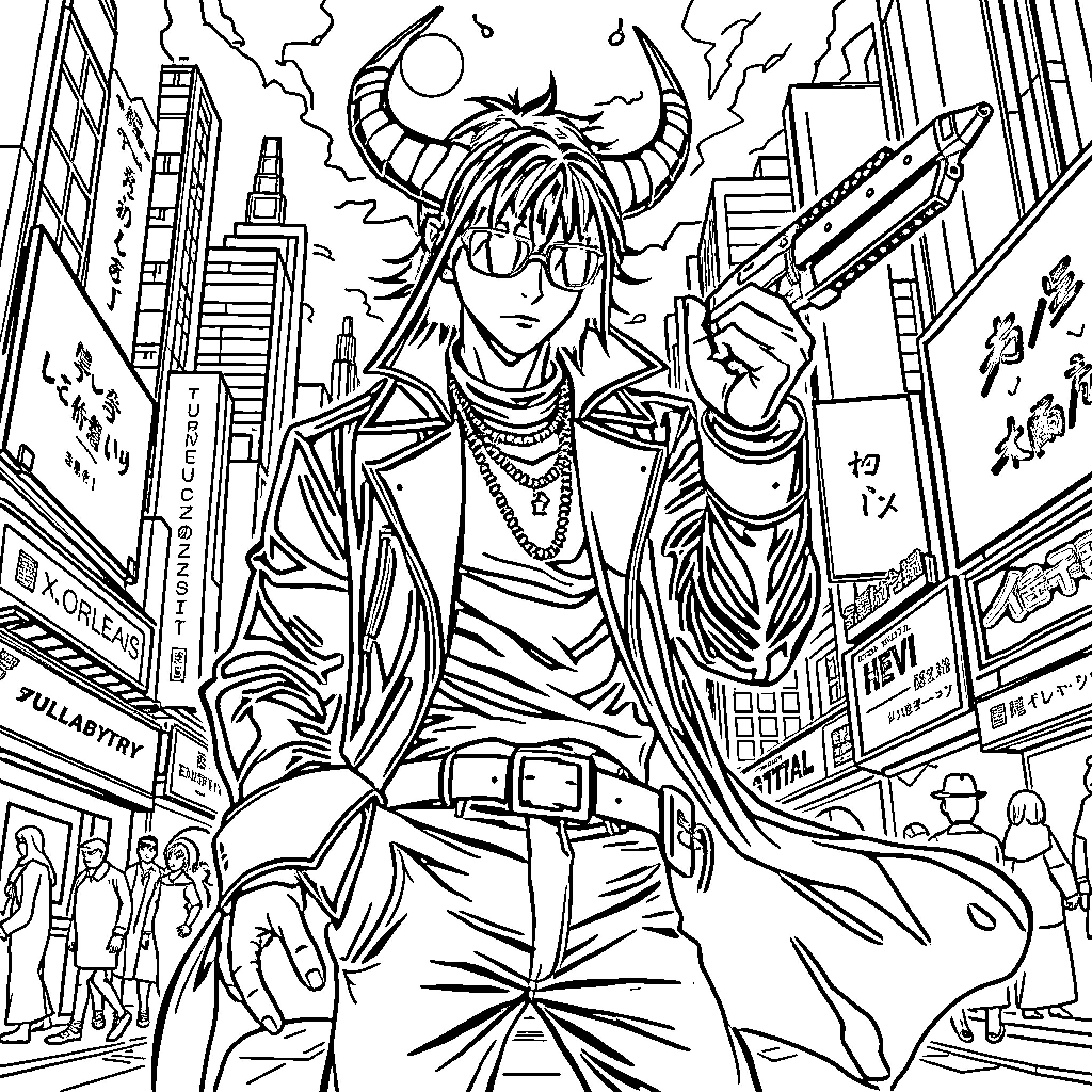 Demon Hunter Battles Supernatural Threats in City Coloring Page (free black-and-white line drawing printable PDF for all, from beginners to advanced learners, including children, teens, adults, and seniors)