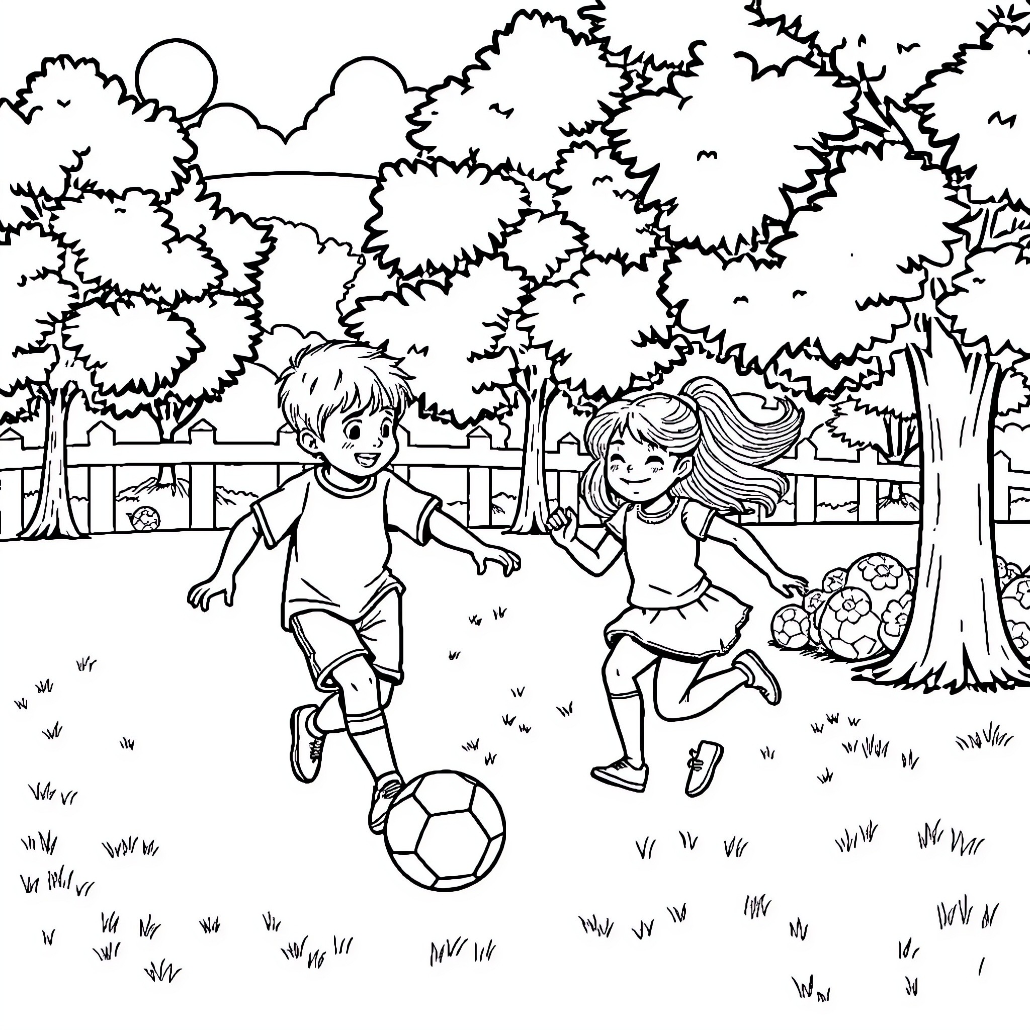Children playing joyfully in the park Coloring Page (free black-and-white line drawing printable PDF for all, from beginners to advanced learners, including children, teens, adults, and seniors)