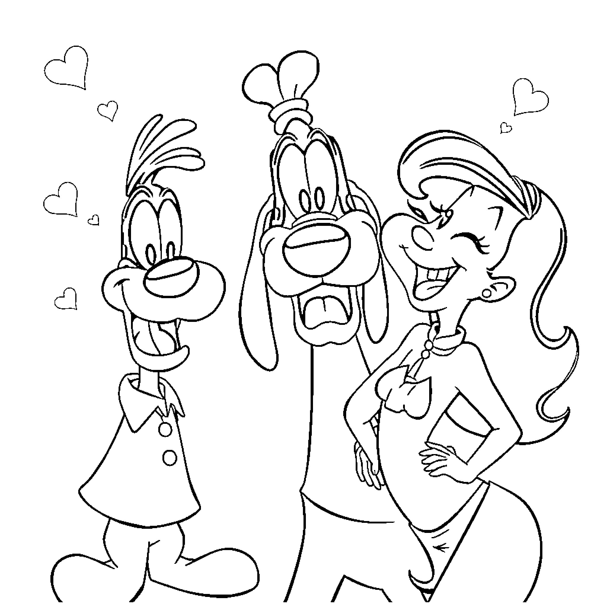 Movie Characters Interacting Playfully with Expressions Coloring Page (free black-and-white line drawing printable PDF for all, from beginners to advanced learners, including children, teens, adults, and seniors)