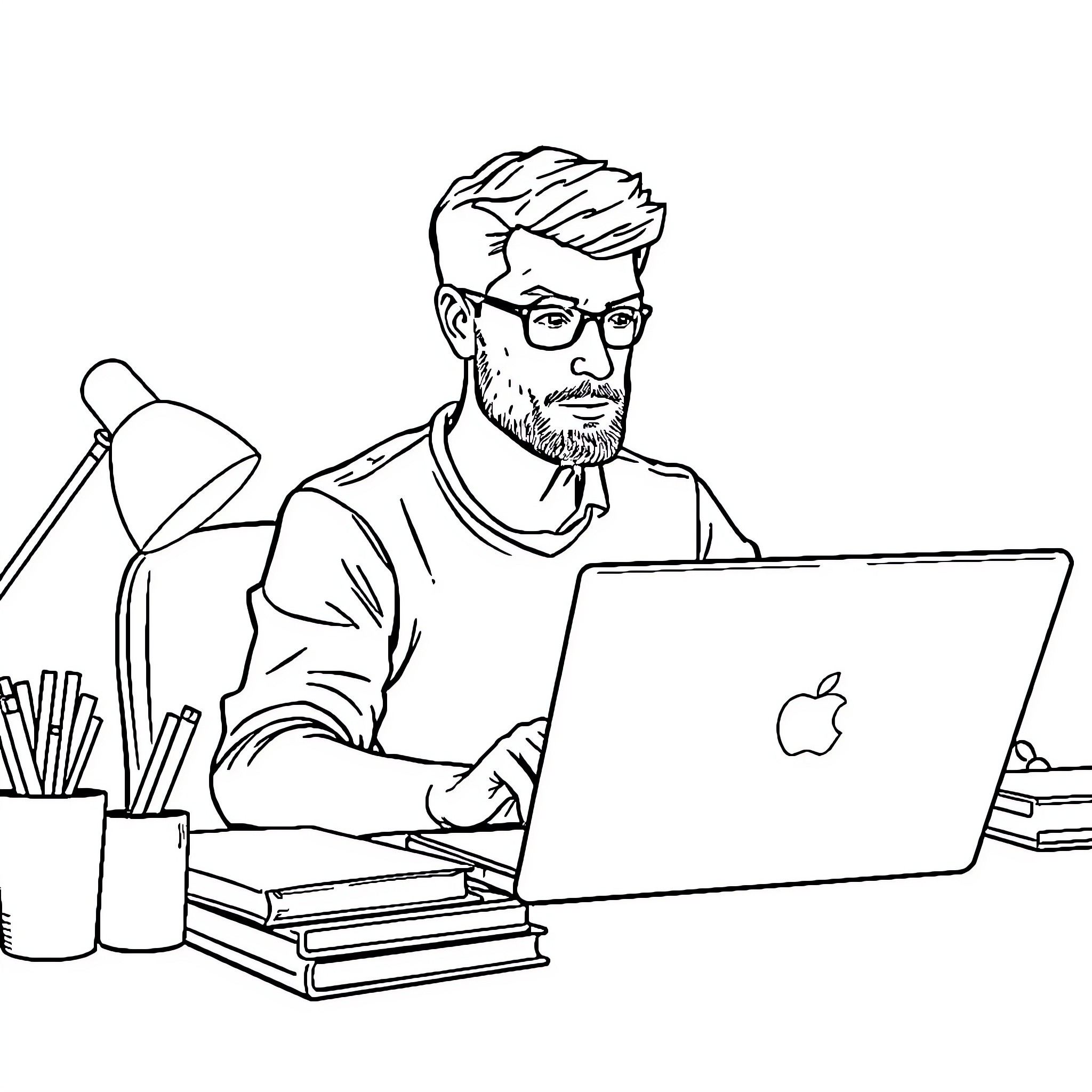 Man Typing Intently on Laptop in Office Coloring Page (free black-and-white line drawing printable PDF for all, from beginners to advanced learners, including children, teens, adults, and seniors)