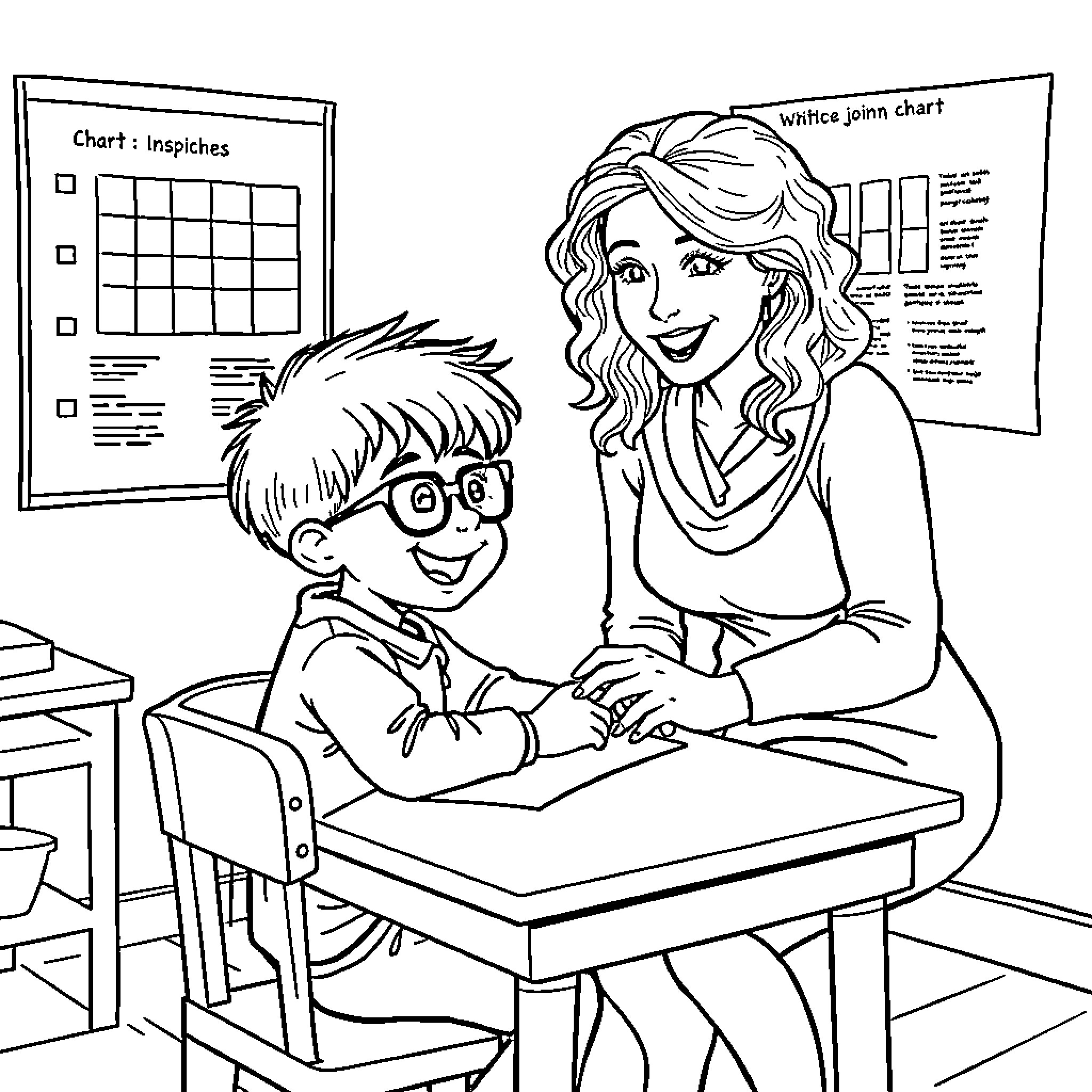Boy receives help from teacher in the classroom Coloring Page (free black-and-white line drawing printable PDF for all, from beginners to advanced learners, including children, teens, adults, and seniors)