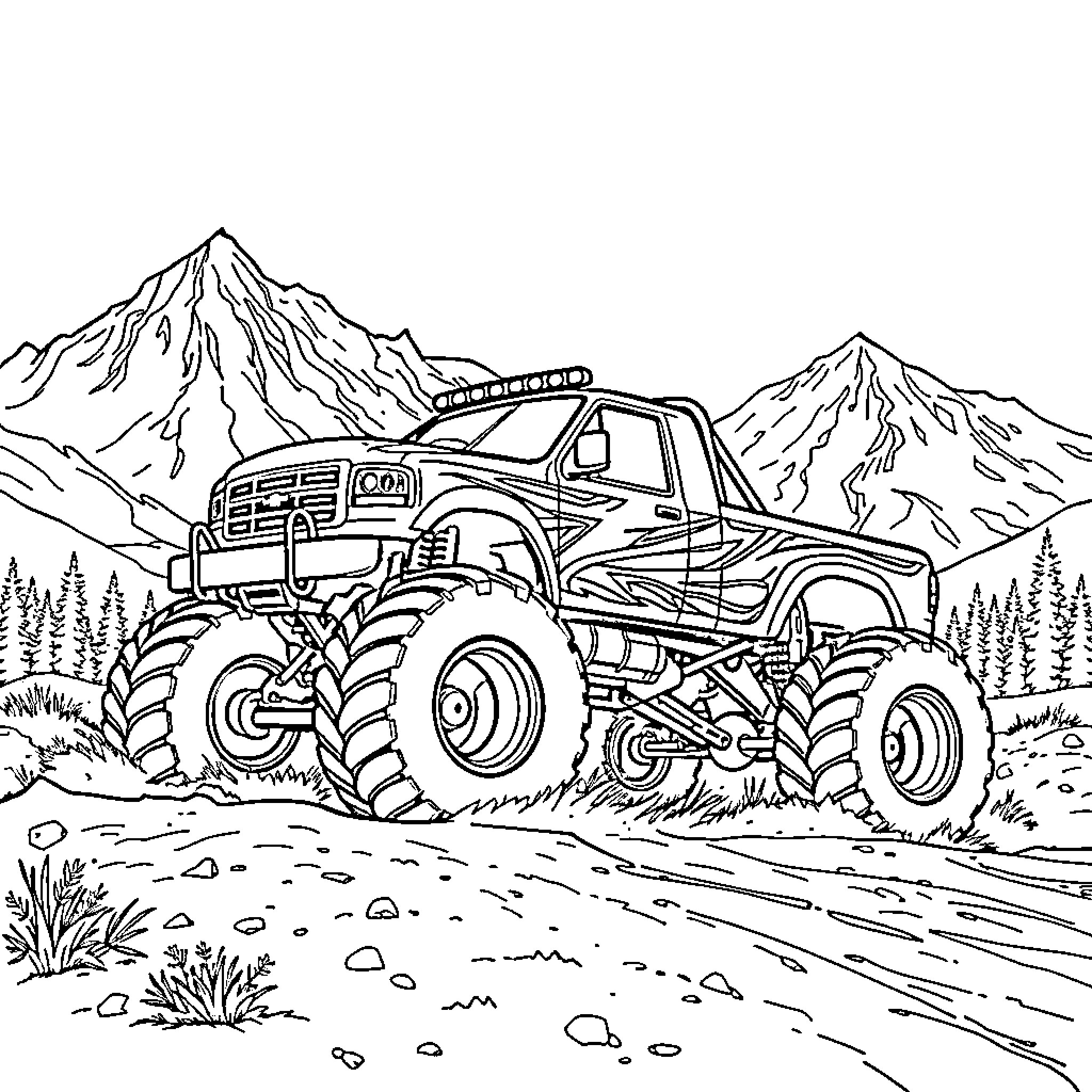 Monster Truck Navigating Rugged Mountain Terrain Coloring Page (free black-and-white line drawing printable PDF for all, from beginners to advanced learners, including children, teens, adults, and seniors)