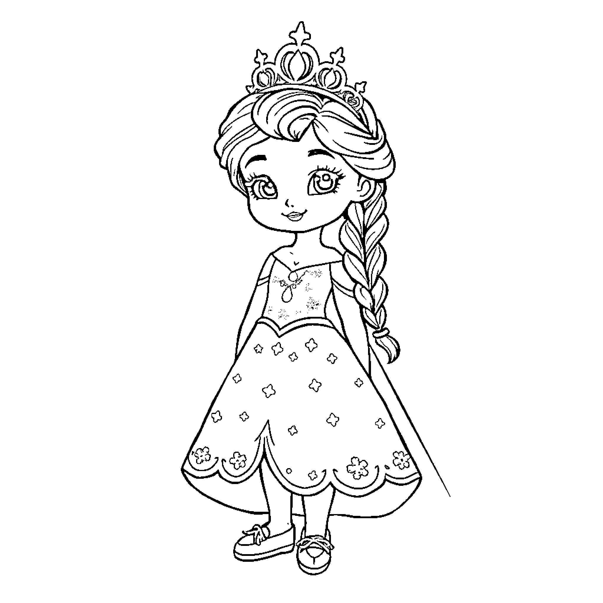 Princess in Fancy Dress and Crown Coloring Page (free black-and-white line drawing printable PDF for all, from beginners to advanced learners, including children, teens, adults, and seniors)