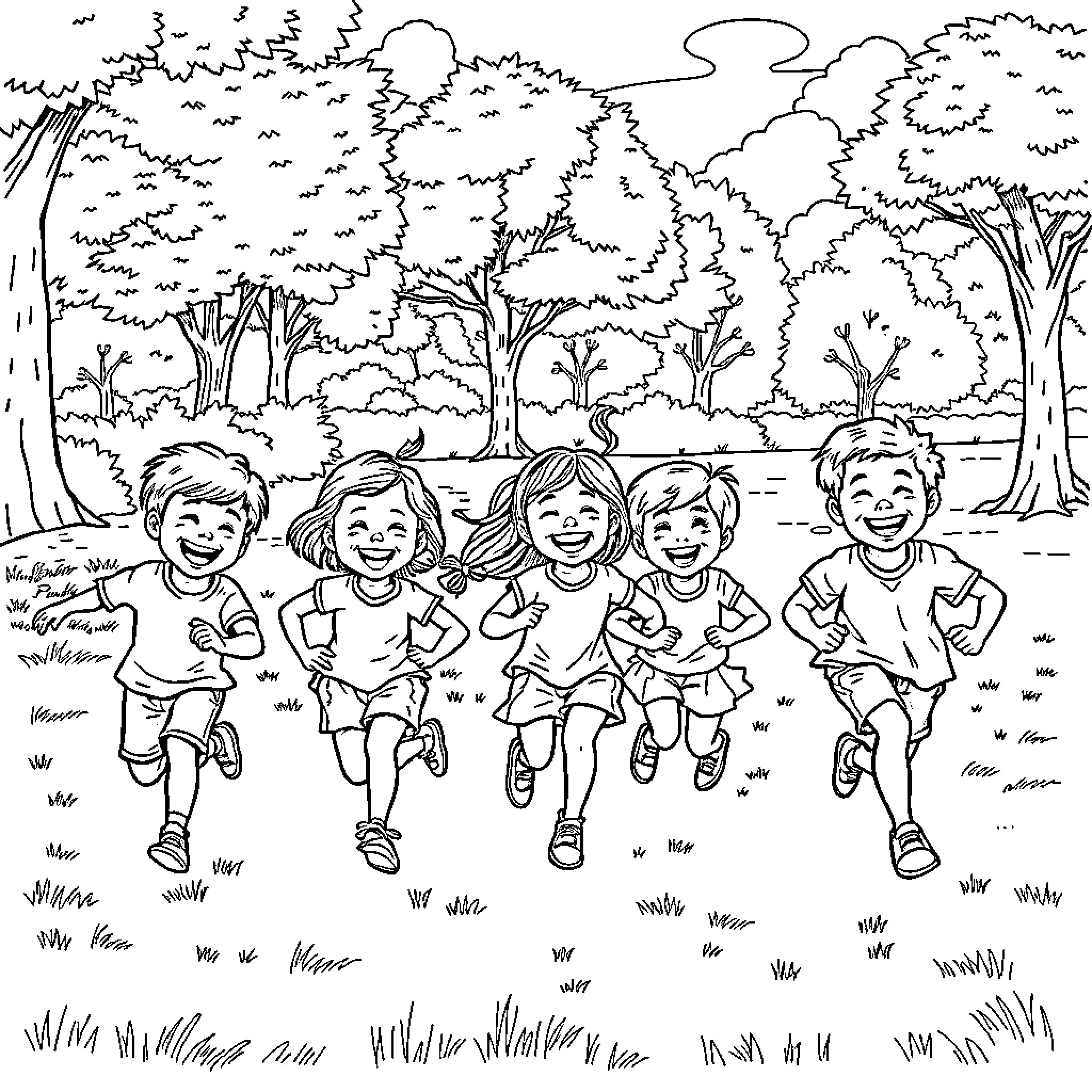 Child Joyfully Running in Nature Coloring Page (free black-and-white line drawing printable PDF for all, from beginners to advanced learners, including children, teens, adults, and seniors)