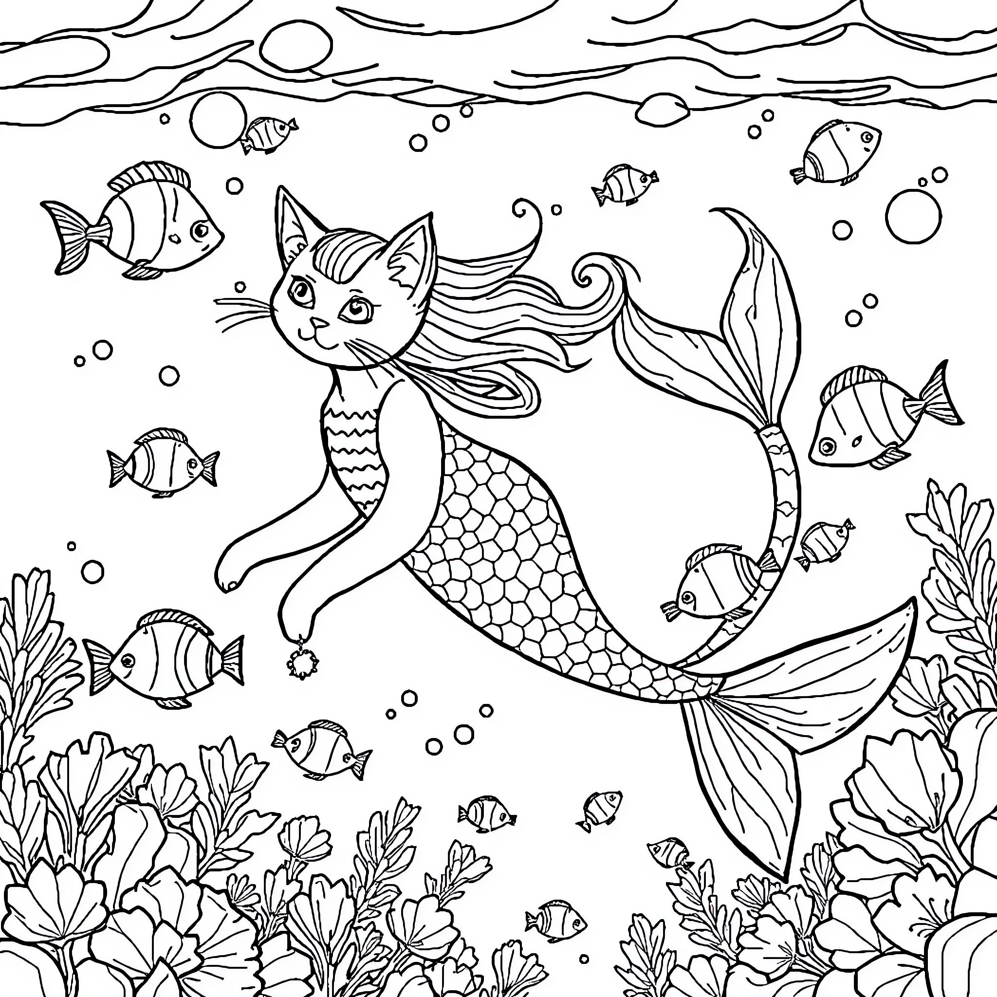 Mermaid Cat swimming with colorful sea creatures Coloring Page (free black-and-white line drawing printable PDF for all, from beginners to advanced learners, including children, teens, adults, and seniors)