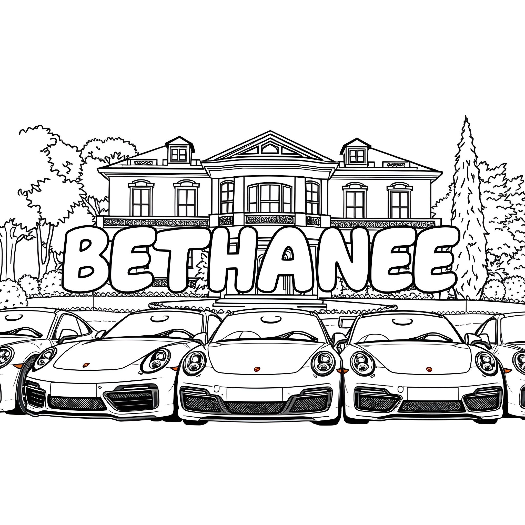 Bethanee's luxurious mansion and sports cars Coloring Page (free black-and-white line drawing printable PDF for all, from beginners to advanced learners, including children, teens, adults, and seniors)