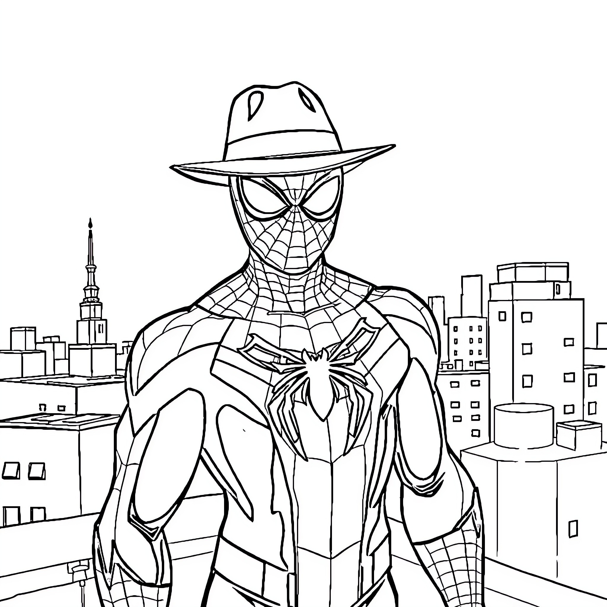 Spiderman standing tall in the city Coloring Page (free black-and-white line drawing printable PDF for all, from beginners to advanced learners, including children, teens, adults, and seniors)
