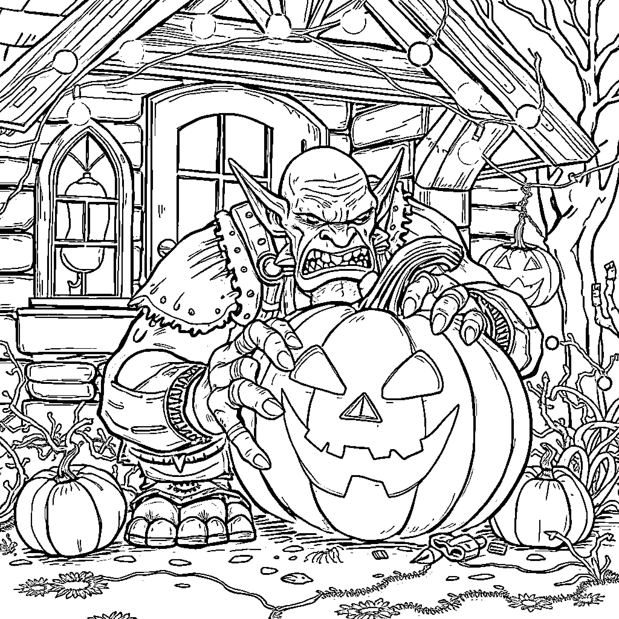 Orc warrior celebrating Halloween in spooky forest Coloring Page (free black-and-white line drawing printable PDF for all, from beginners to advanced learners, including children, teens, adults, and seniors)