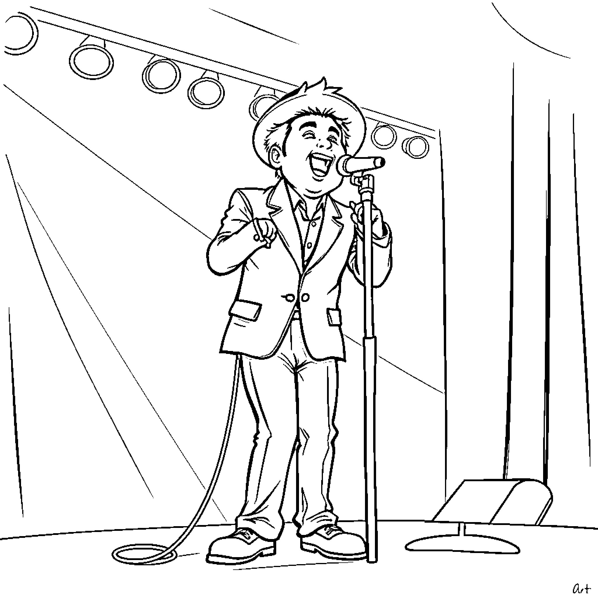 Milo J Performing on a Stage Coloring Page (free black-and-white line drawing printable PDF for all, from beginners to advanced learners, including children, teens, adults, and seniors)