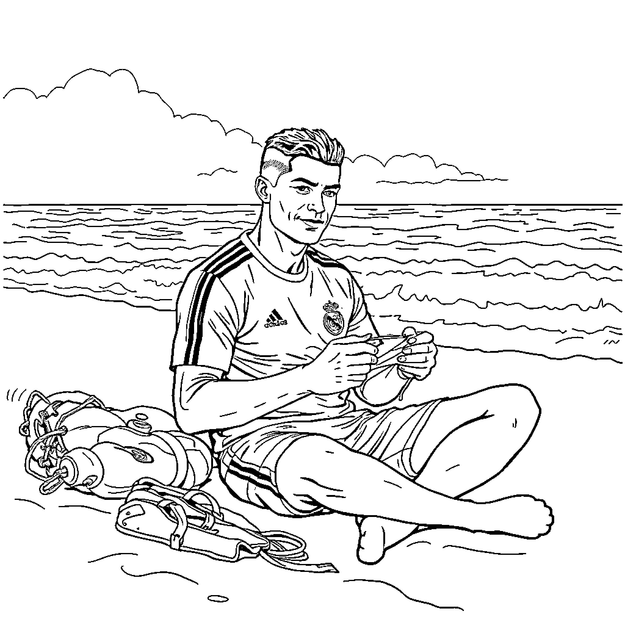 Cristiano Ronaldo resting on the beach Coloring Page (free black-and-white line drawing printable PDF for all, from beginners to advanced learners, including children, teens, adults, and seniors)