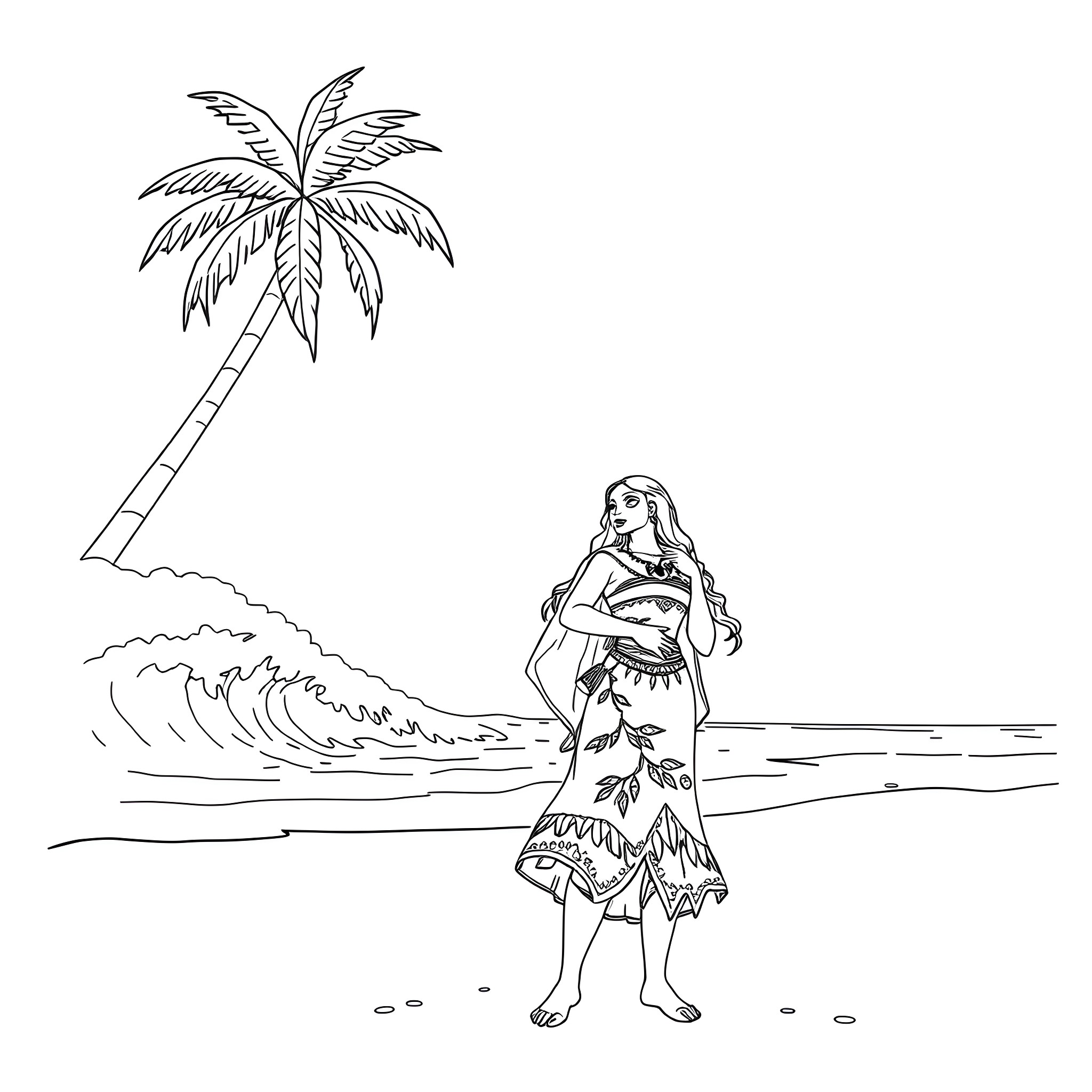 Moana Spider Man beach scene with palm tree Coloring Page (free black-and-white line drawing printable PDF for all, from beginners to advanced learners, including children, teens, adults, and seniors)