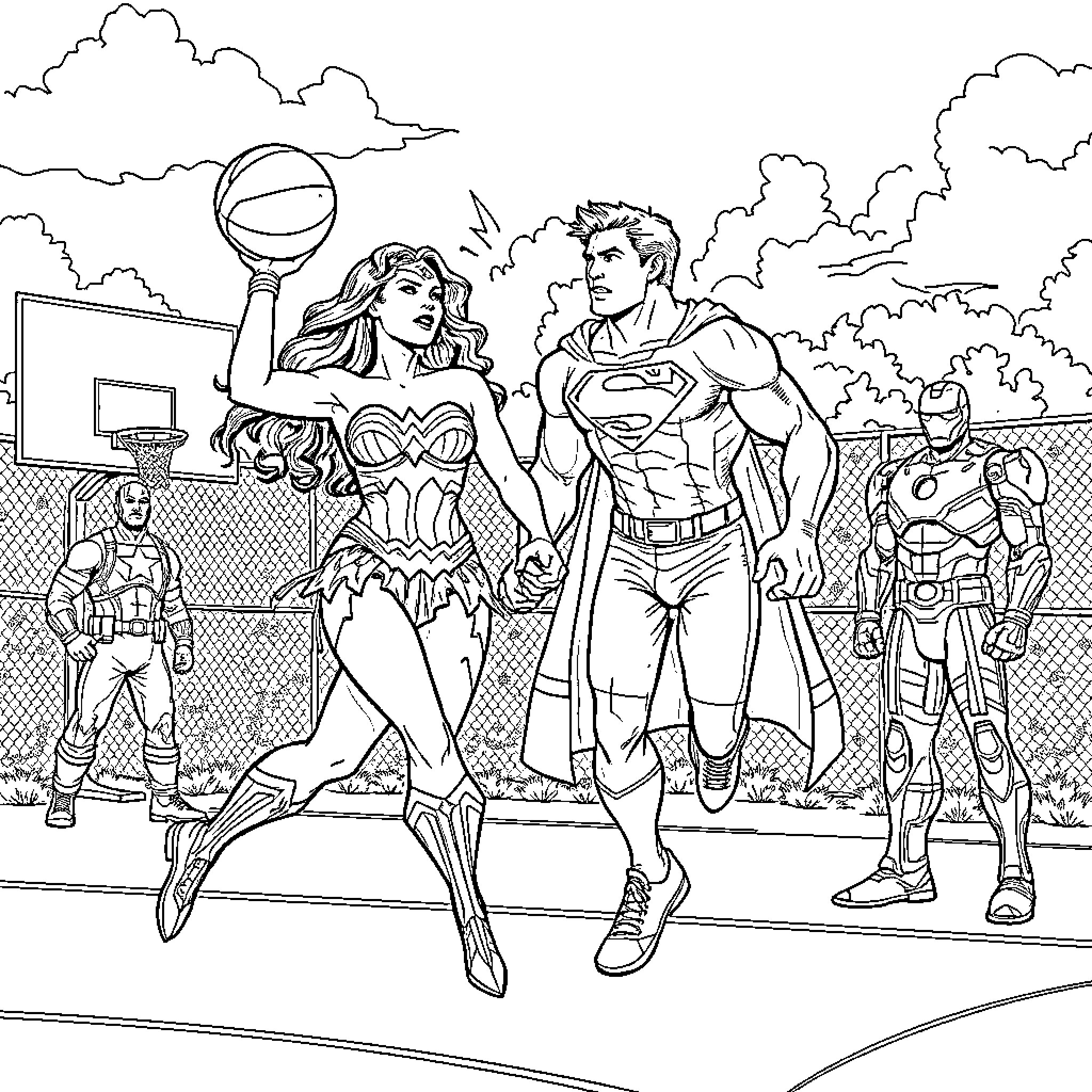 Superhero Basketball Game with Powerful Characters Coloring Page (free black-and-white line drawing printable PDF for all, from beginners to advanced learners, including children, teens, adults, and seniors)