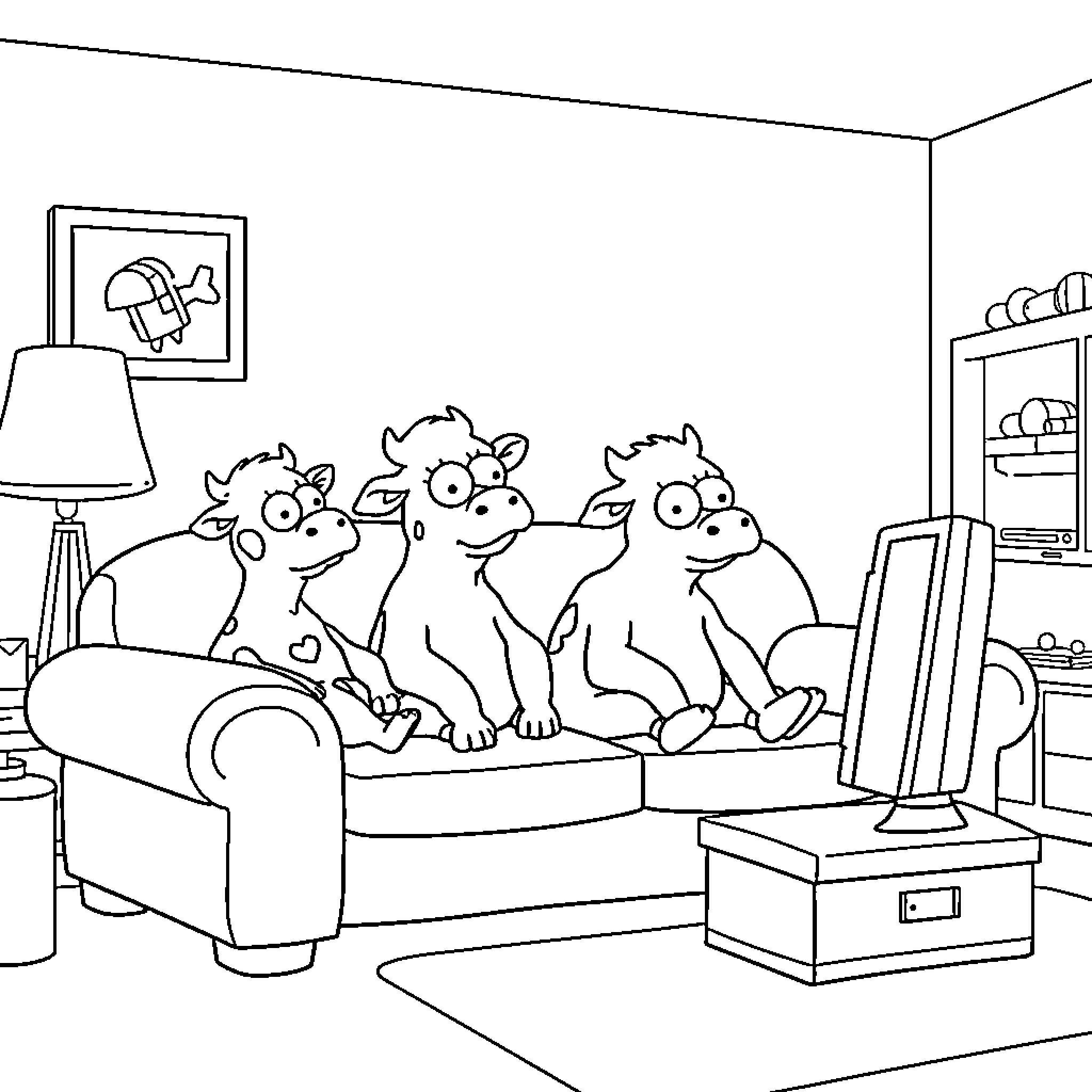 Cows having a fun time at home Coloring Page (free black-and-white line drawing printable PDF for all, from beginners to advanced learners, including children, teens, adults, and seniors)