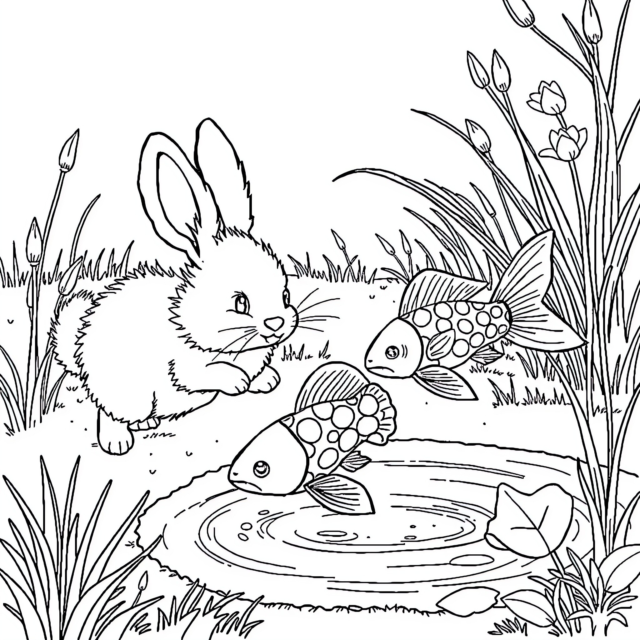 Bunny exploring a serene pond with colorful fish Coloring Page (free black-and-white line drawing printable PDF for all, from beginners to advanced learners, including children, teens, adults, and seniors)