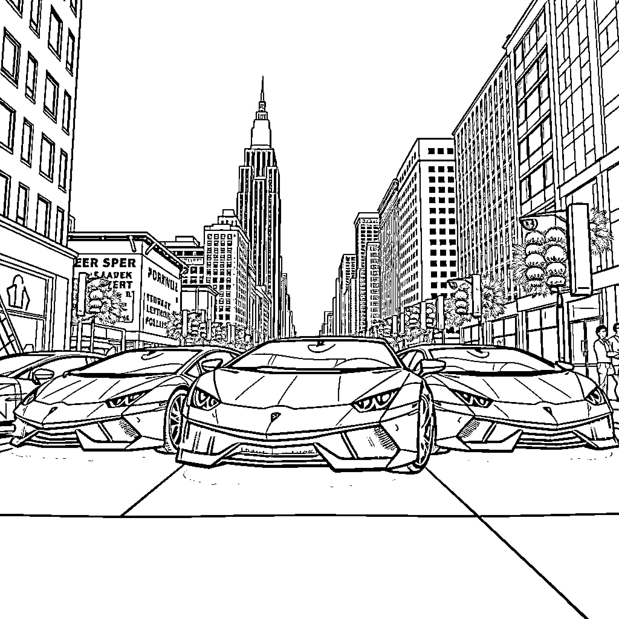 Lamborghinis in the city with skyscrapers Coloring Page (free black-and-white line drawing printable PDF for all, from beginners to advanced learners, including children, teens, adults, and seniors)