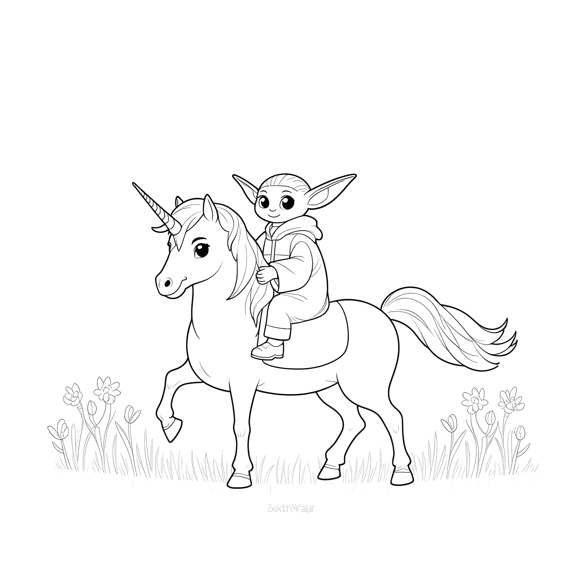 Yoda riding a unicorn in a field of flowers Coloring Page (free black-and-white line drawing printable PDF for all, from beginners to advanced learners, including children, teens, adults, and seniors)