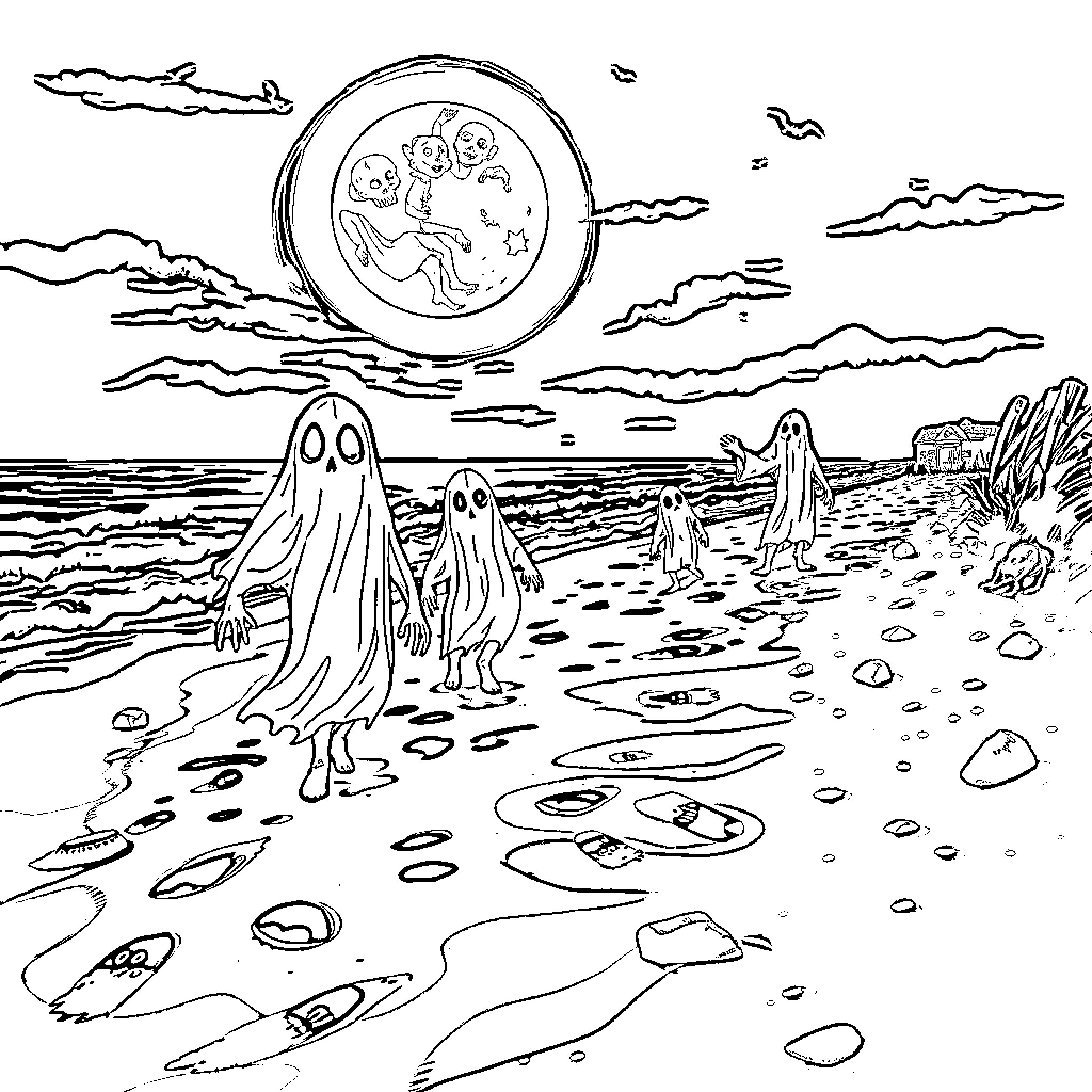 Ghost figures haunting a mysterious beach at night Coloring Page (free black-and-white line drawing printable PDF for all, from beginners to advanced learners, including children, teens, adults, and seniors)