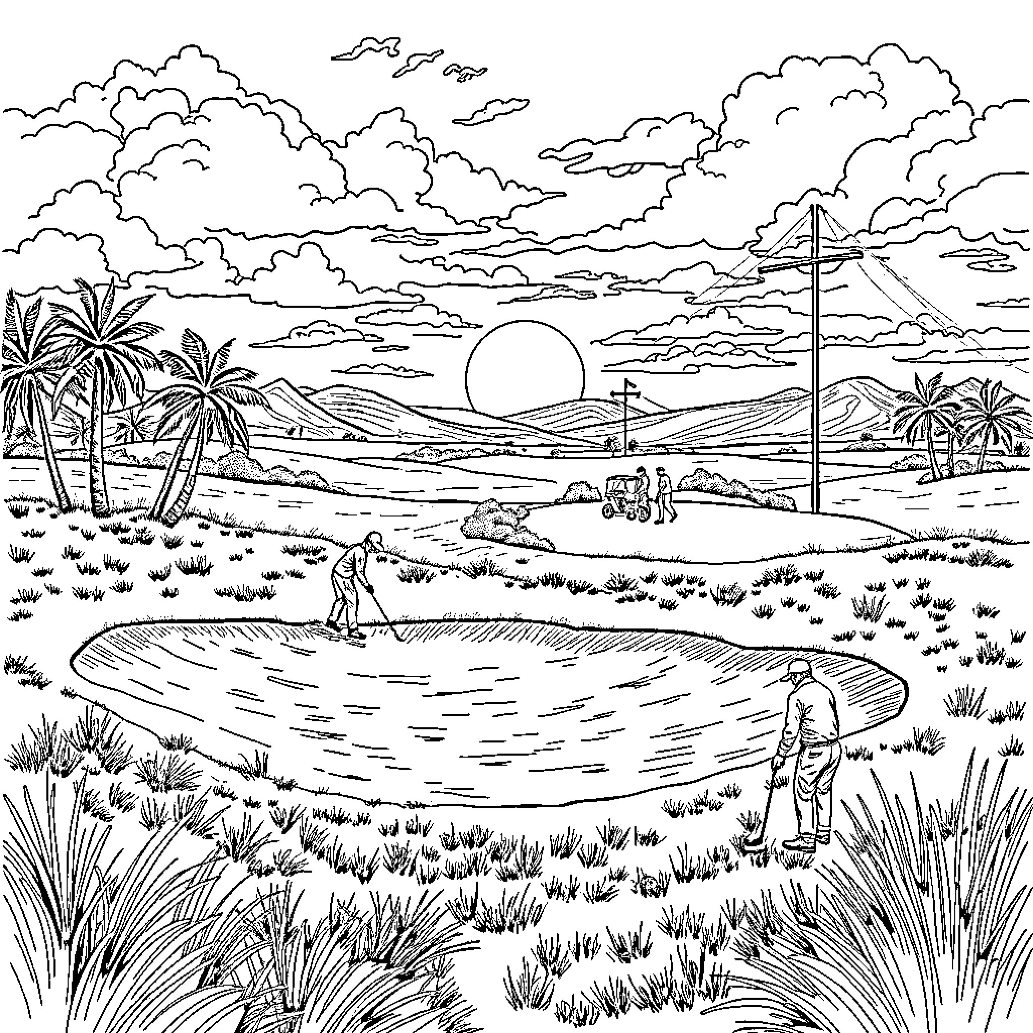 Golf course on a tropical landscape Coloring Page (free black-and-white line drawing printable PDF for all, from beginners to advanced learners, including children, teens, adults, and seniors)